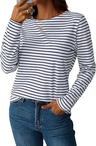 Miniatura 3 de LilyCoco Camisa de manga larga a rayas para mujer, cuello barco, camiseta de ajuste holgado Breton