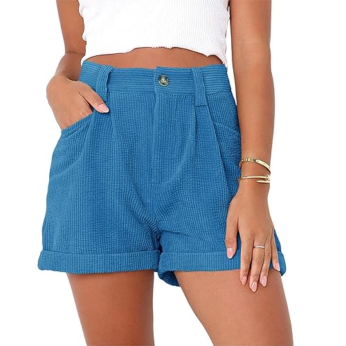 JEKE-DG Women's Corduroy Button Shorts High Waisted Roll Hem Leg