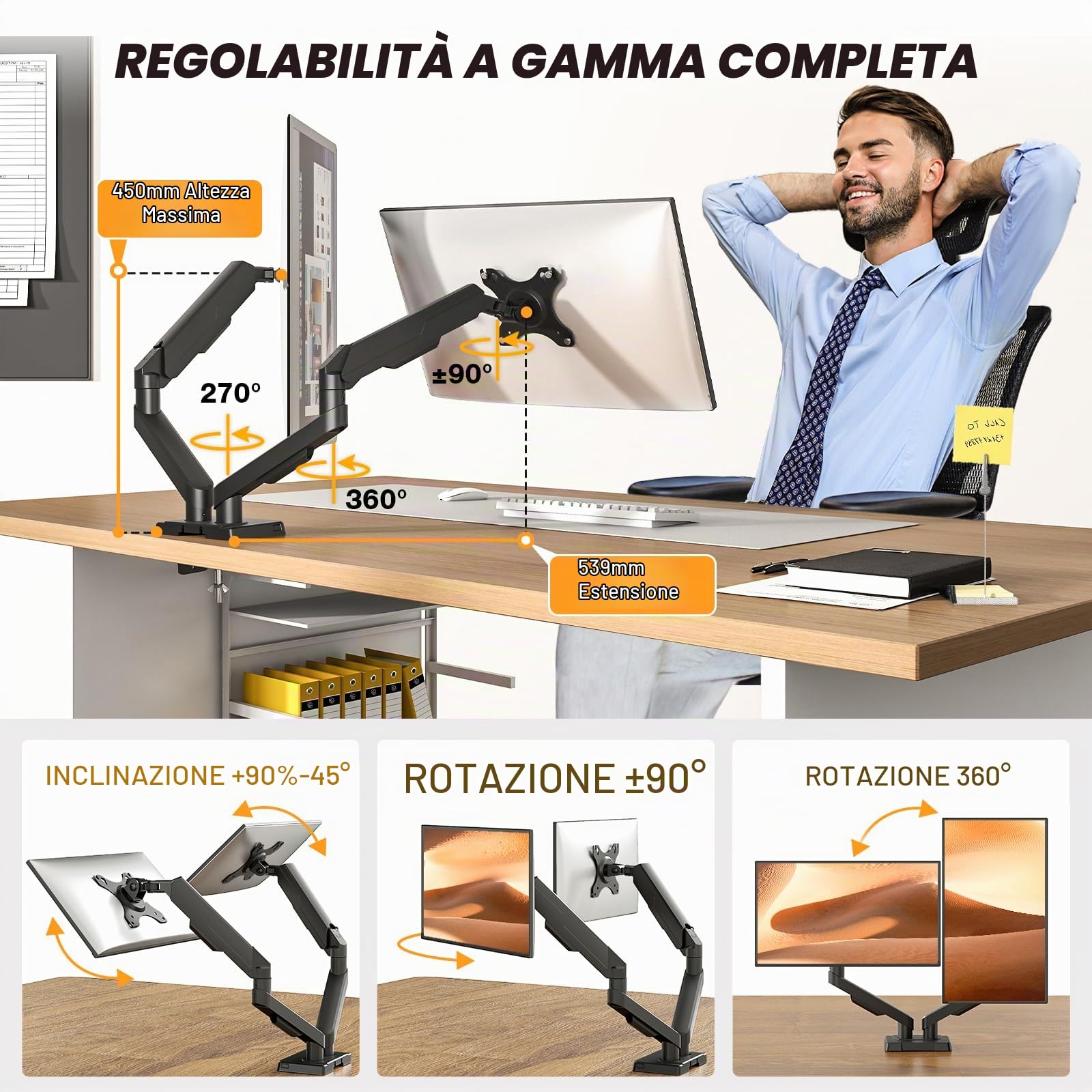 TVON Braccio Doppio Monitor Supporto Schermi 17-35" Montaggio su Banco Reg Altezza 2-10 Kg Schermo Inclinazione Giro Rotazione VESA 75/100 mm Per Home Office
