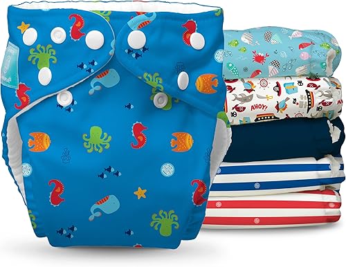 Charlie Banana Pañales de tela lavables y reutilizables para bebé 6 pañales de bolsillo suaves y 12 insertos absorbentes talla única Ocean Adventure