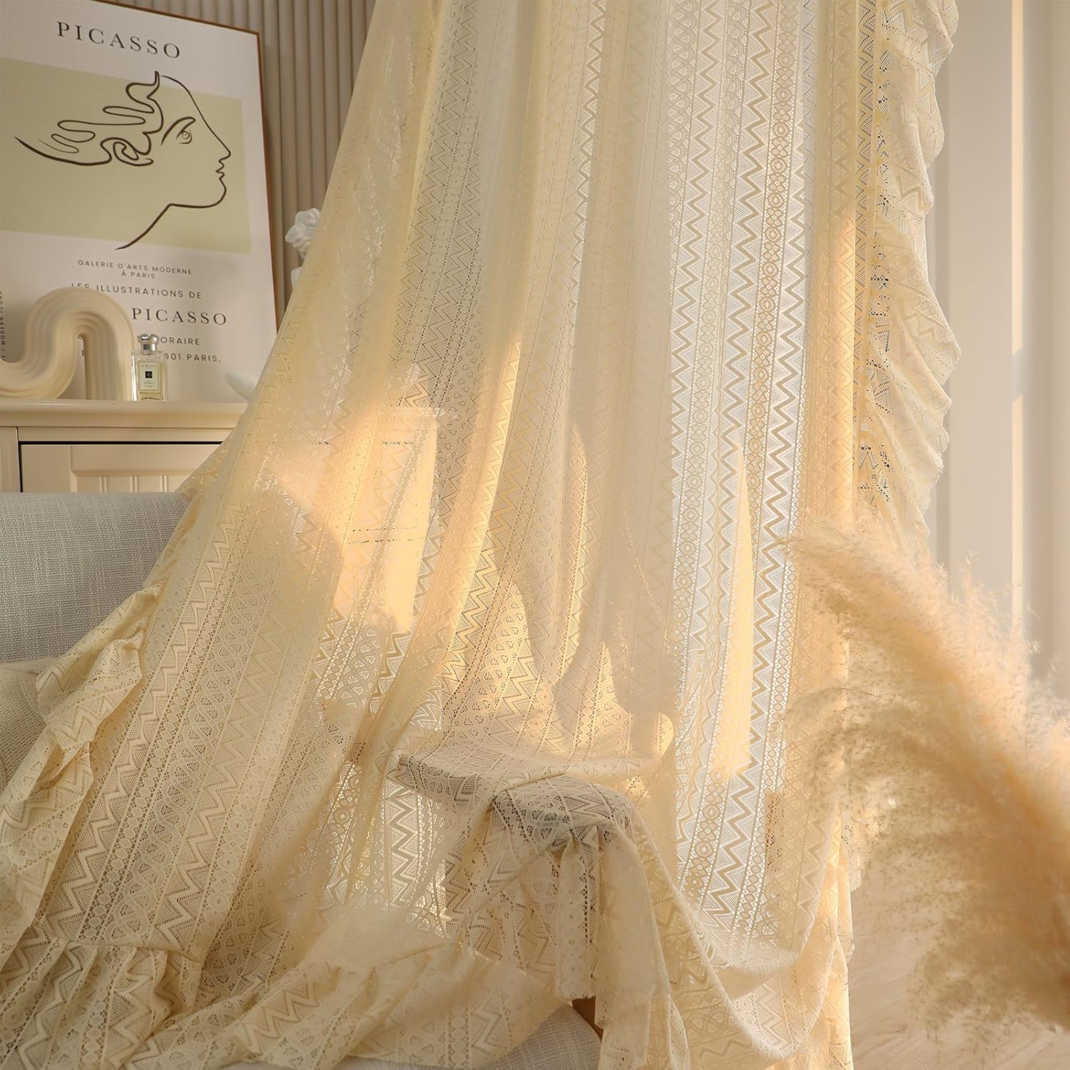 SLIFEOW Boho Sheer Curtains 63 Inch Length with Lace