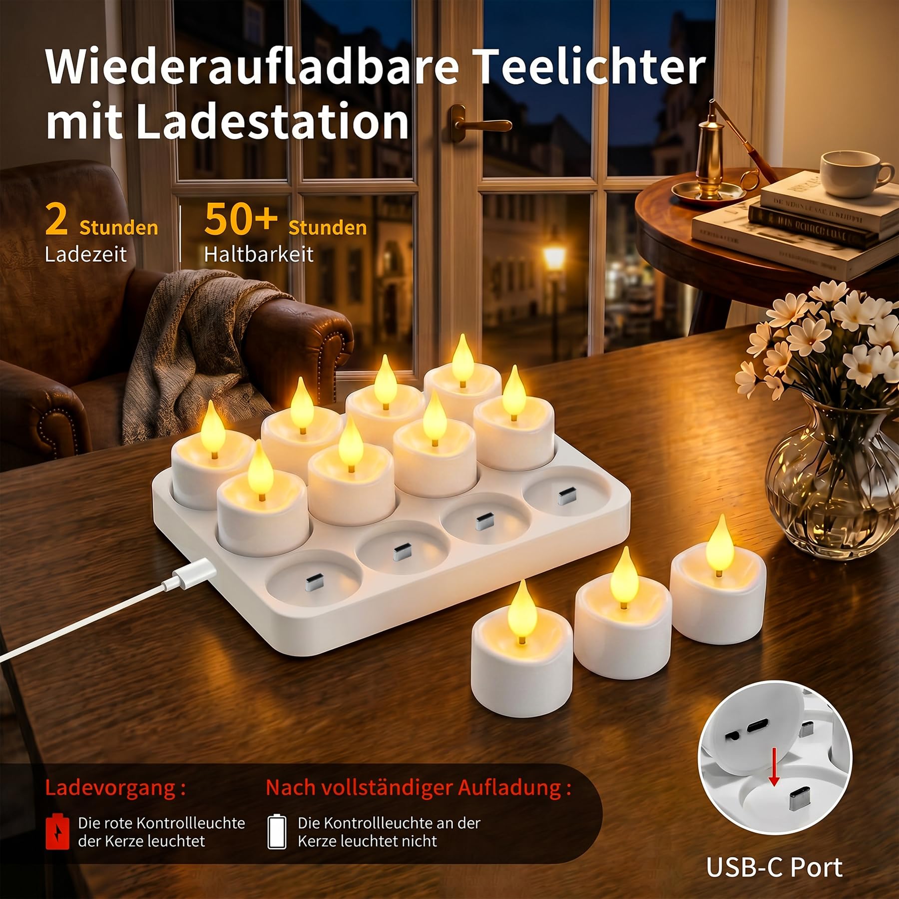 sylvwin 12 Stück Wiederaufladbare LED Kerzen, LED Teelichter mit Fernbedienung Timer, Warmweiß Dimmbar Elektrische Kerzen mit Ladestation für Hochzeiten Party Zimmer Wohnzimmer Weihnachten Deko