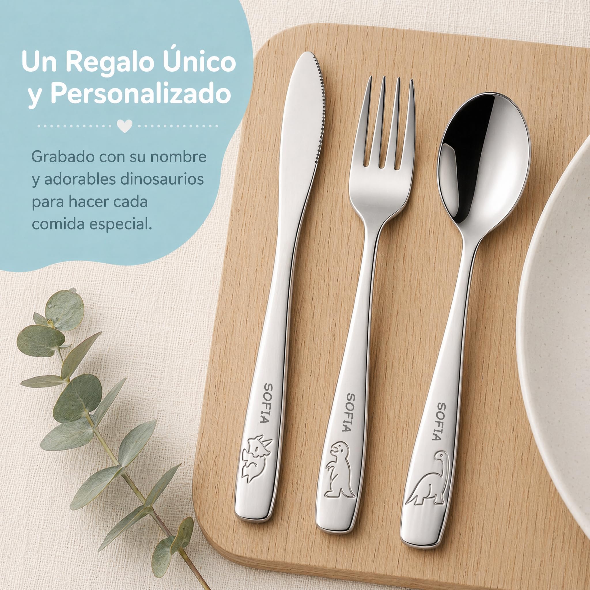 Cubiertos Infantiles Personalizados 3 Piezas | con nombre y fecha, acero inoxidable, dibujos de animales
