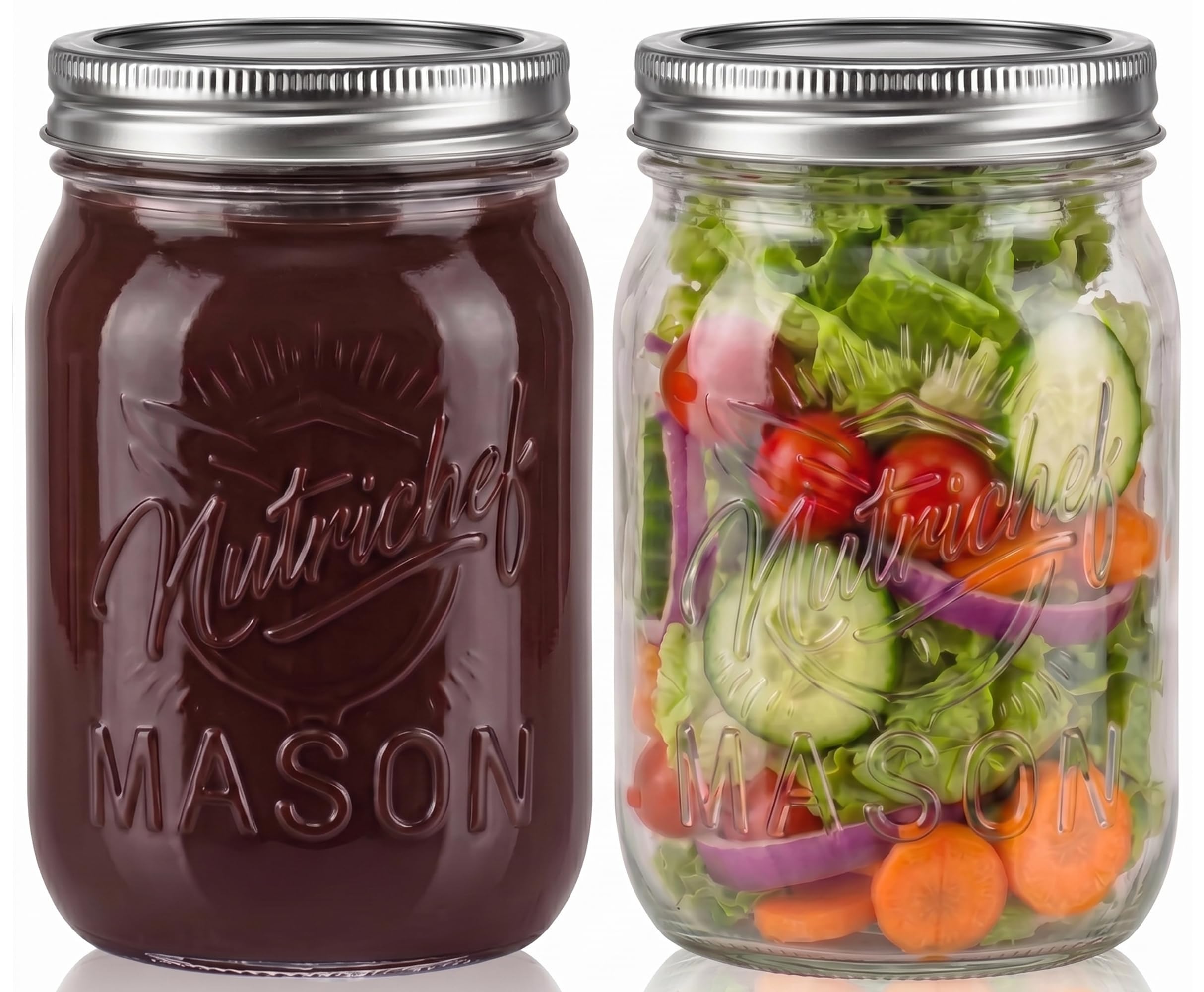 NutriChef Słoiki Mason Z Pokrywkami - 16oz Słoiki Na Przyprawy Magnetyczne DIY Z Pokrywkami Hermetycznymi I Opaską - Idealne Do Meal Prep, Owsianki, Dżemu, Miodu, Świec, Rękodzieła, Prezenty Ślubne