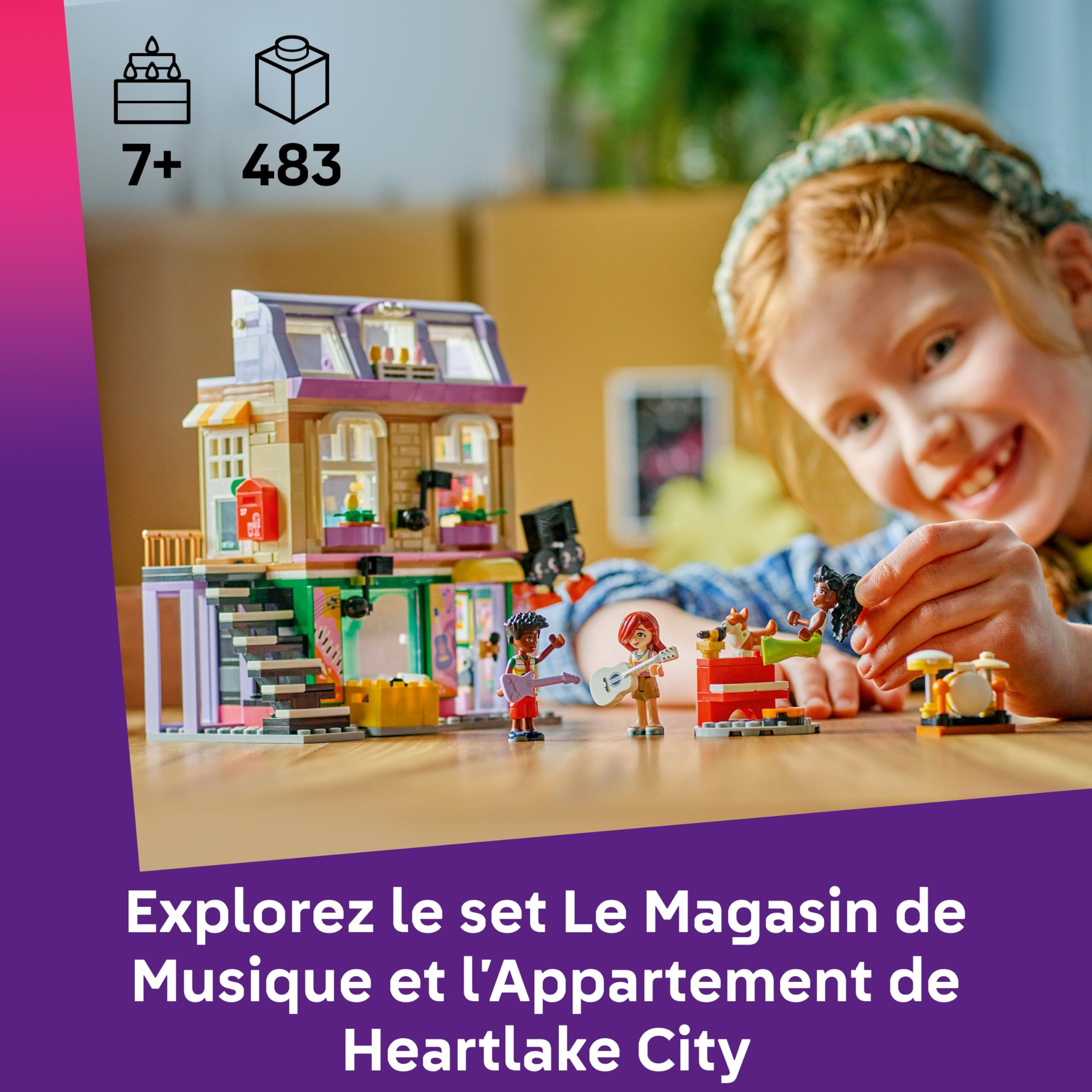 LEGO Friends Le Magasin de Musique et l’Appartement - Jouet Animal pour Fille dès 7 Ans - 3 Mini-Poupées, 1 Figurine de Corgi & Instruments de Musique : Piano, Batterie & Accessoires - Cadeau 42653
