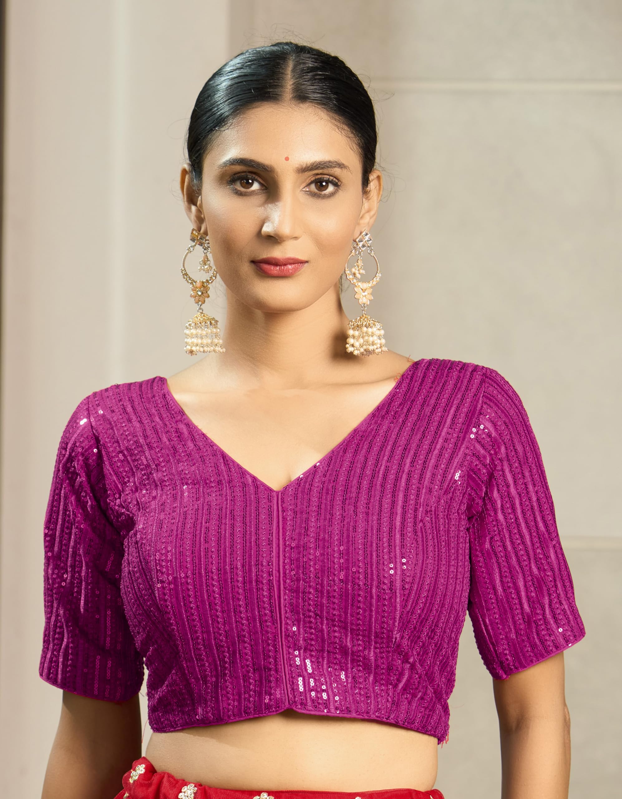 Pujia Mills Women's Indian Ethnic Wear Designer Silver Sequence With Matching Embroidered Work V Neck Half Sleeve Readymade Padded Saree Blouse Readymade Unique Pink Color Saree Blouse