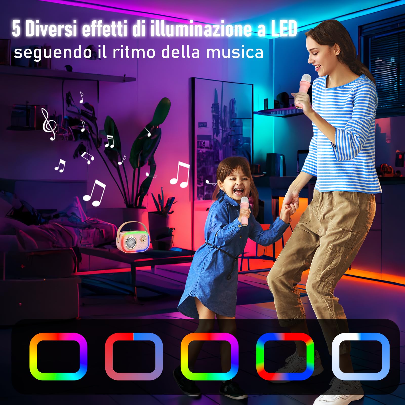 Karaoke per Bambini e Adulti con 2 Microfono, Regalo Bambina 3-18 Anni Macchina per Karaoke Bambini Bluetooth con 5 LED e 12 Effetti Vocali，Giochi Bimba 3-18 Anni,Regalo Natale Compleanno Giocattoli