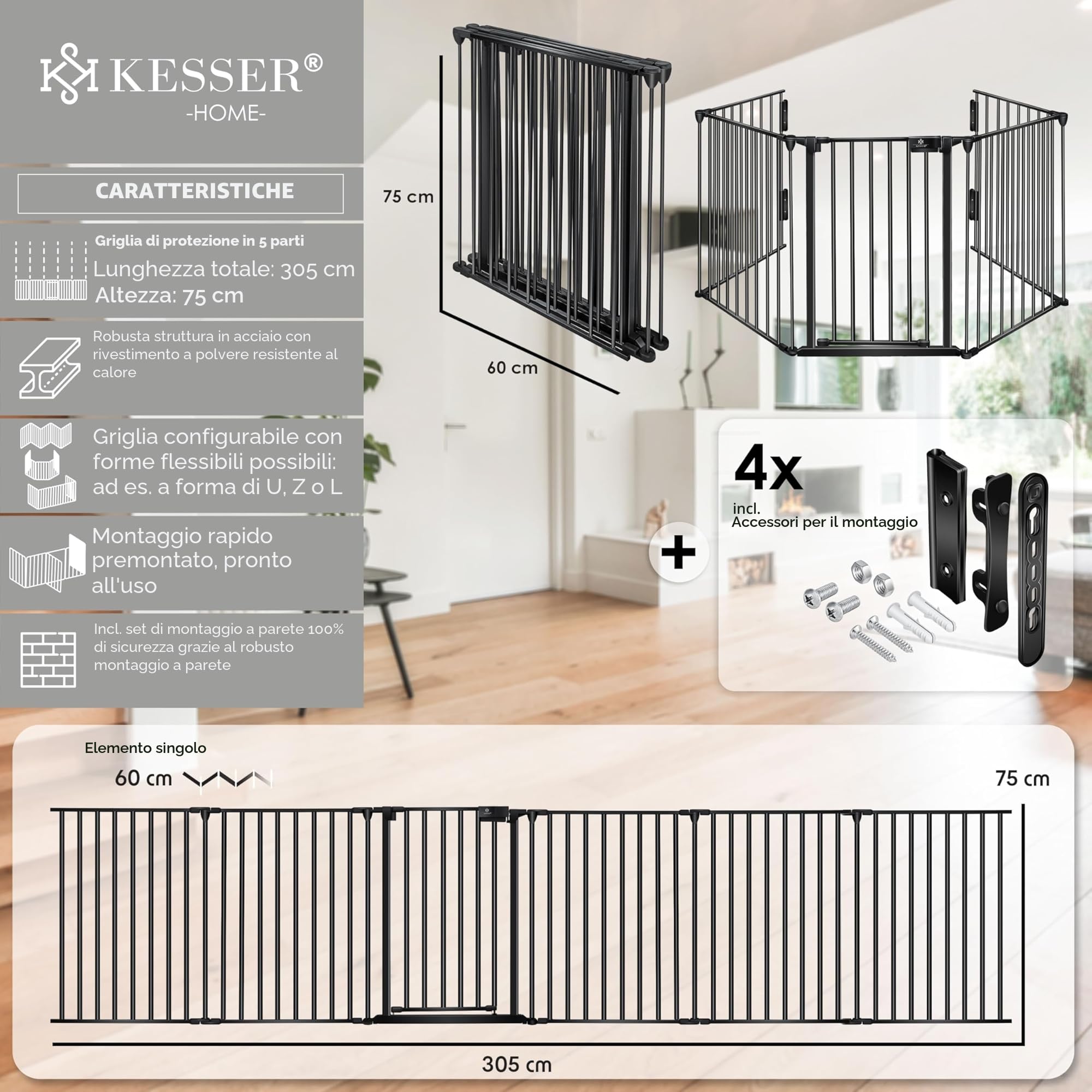 KESSER® Cancelletto di protezione per camino con porta in metallo, per sicurezza per bambini,