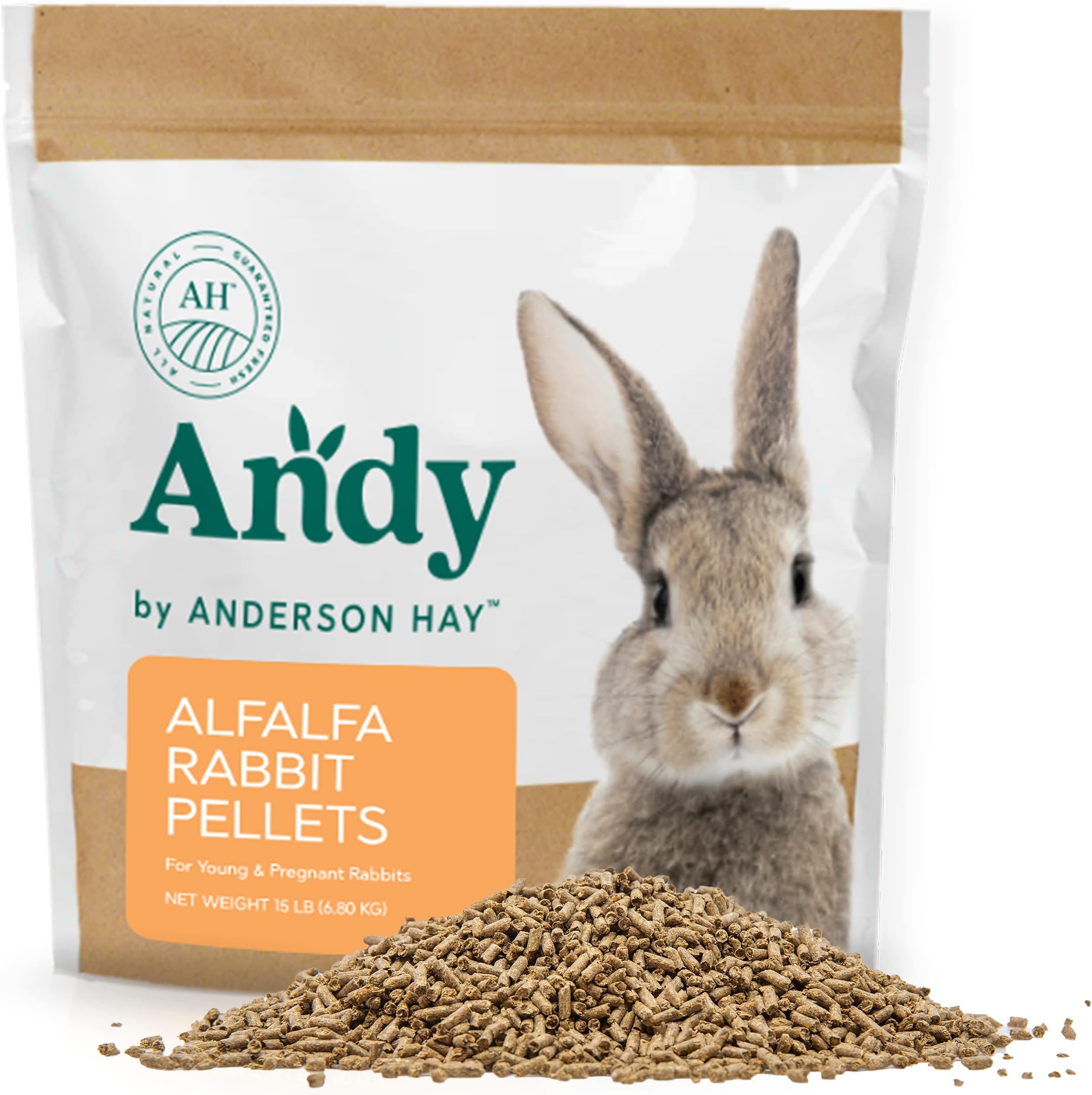 Andy Alfalfa Hay Pellets, Premium Bunny Food for Rabbits, Alfalfa Pellets for Pregnant Bunnies, Young Rabbit Food, Rich in Calcium and Protein, 15 lbs Bag