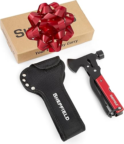 Sheffield 12138 Multiherramienta 14 en 1 de hacha, relleno de calcetines, hacha de camping viene con funda de hacha de poliéster 1680D,