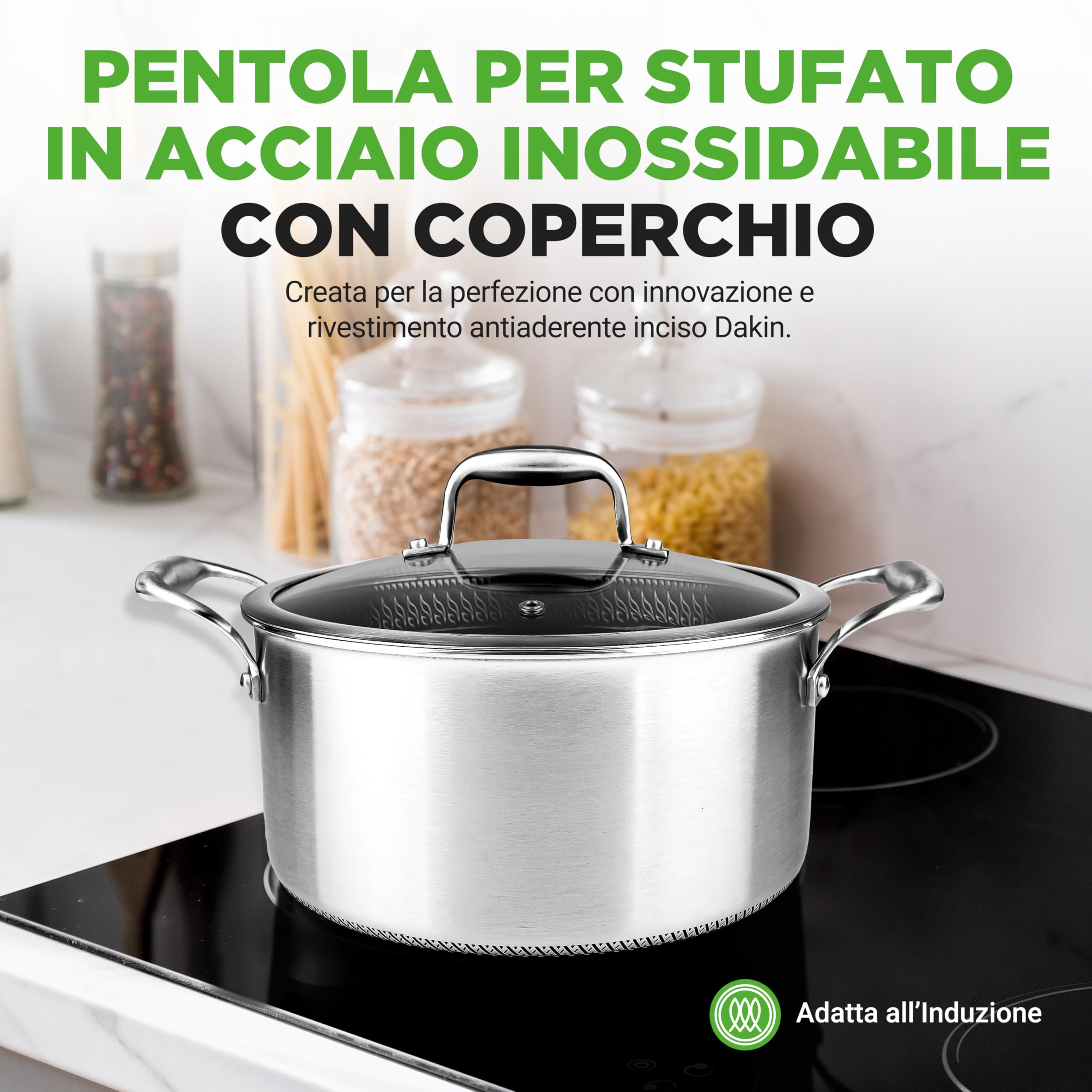 NutriChef Pentola Induzione Acciaio Inox 4,7 Litri con Coperchio in Vetro, Antiaderente Nido d’Ape, Pentola per Pasta, Zuppa e Spezzatino, Resistente ai Graffi
