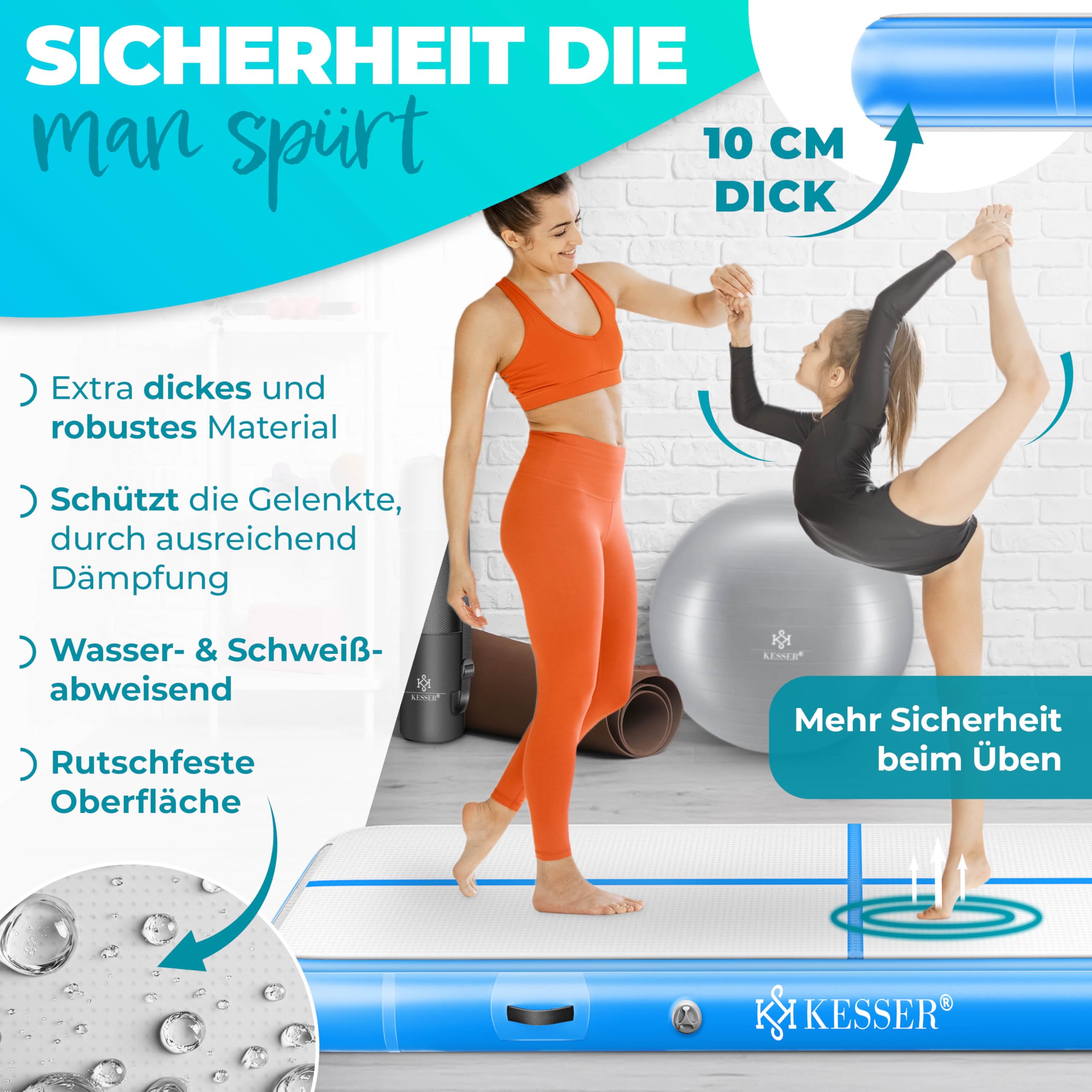 KESSER® Tappeto da palestra, con Borsa di Trasporto e Pompa ad Aria Elettrica, Yoga, Fitness, Tumbling, Ginnastica, Tappeto da allenamento, Gonfiabile