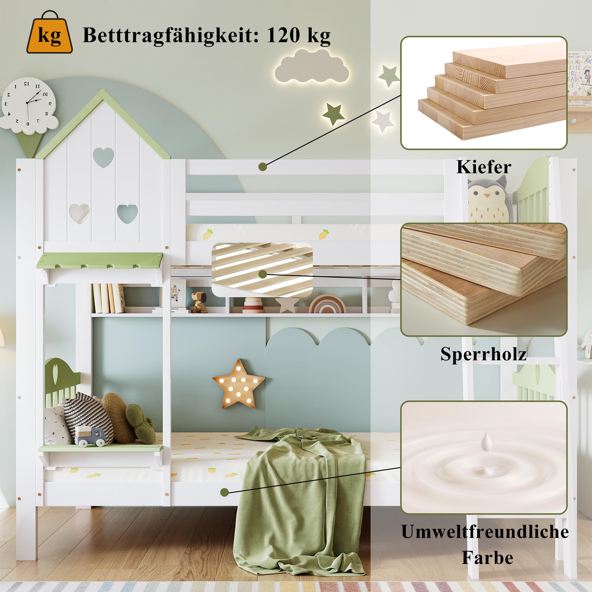 Lit Superposé Cabane Enfant Avec échelle Et Rangement - 90x200 Cm - Blanc Et Naturel - Barrière De Sécurité Incluse