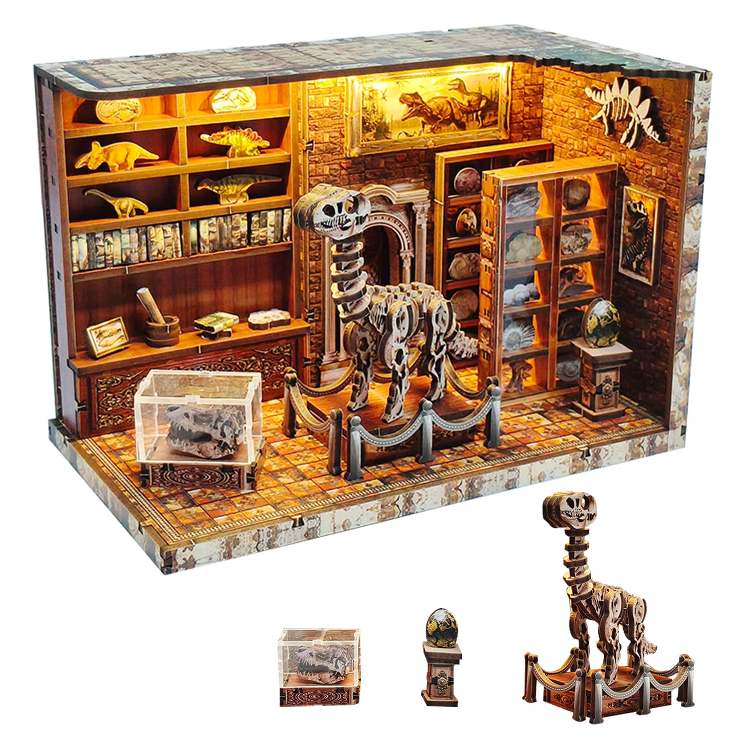 VELBGER Book Nook 3D Puzzle Kit for Adults - DIY Miniature Bookend with LED Light, Model Kits Insertable Bookshelf Craft for Teenagers & Adults (Dinosaur Museum Theme)