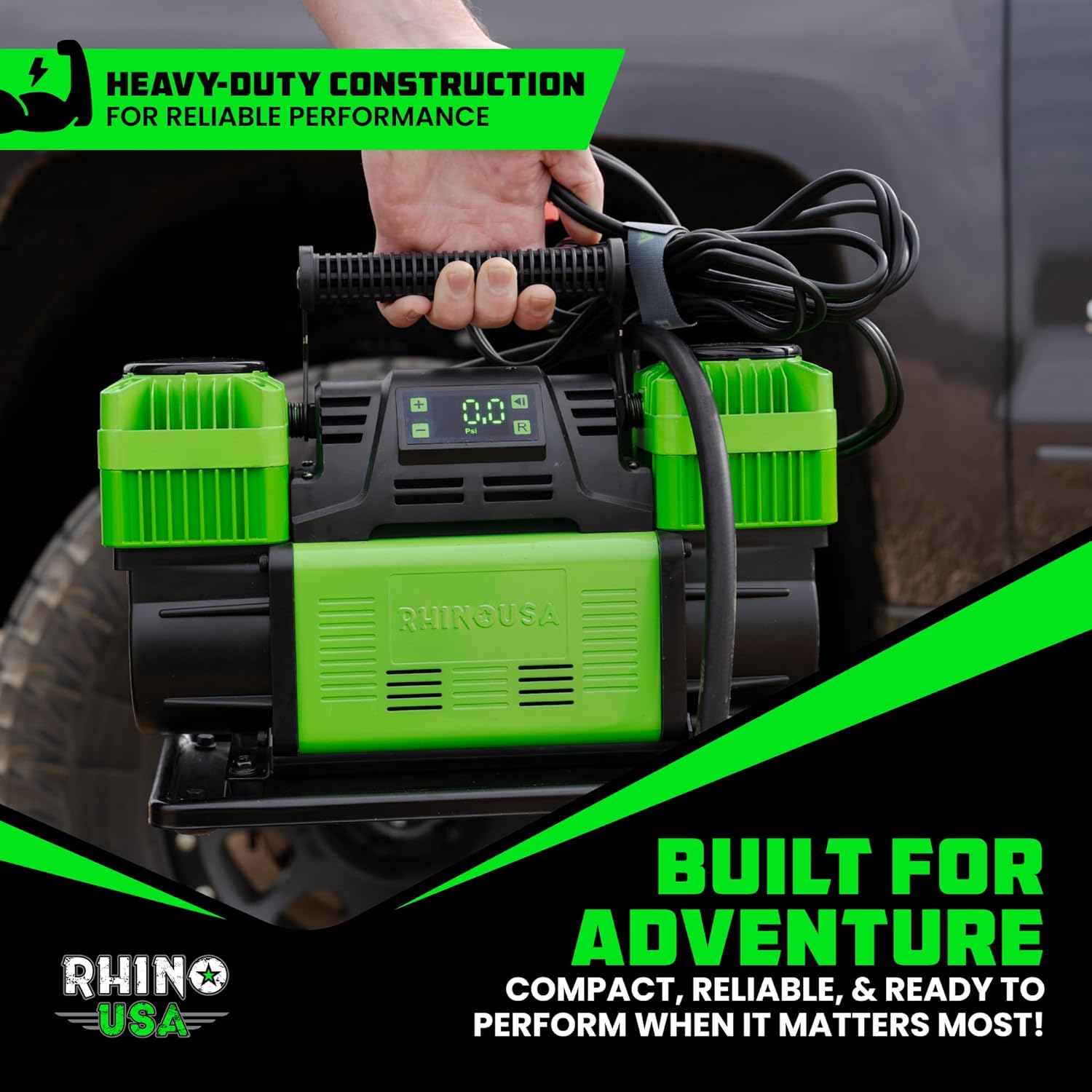 Rhino USA Dual Tire Air Compressor – 12V Portable Pump, 10.6 CFM, Auto Shutoff, Built-in Pressure Gauge, Serviceable Filters, Rubber Mounts, Quiet Operation – Accessories for Off-Road & Truck Tires