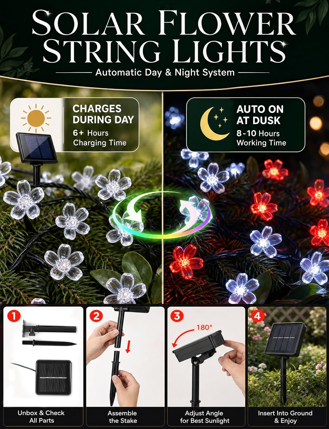 ITICdecor Solar Flower String Lights 23FT 50LED Waterproof Outdoor Lights image 5