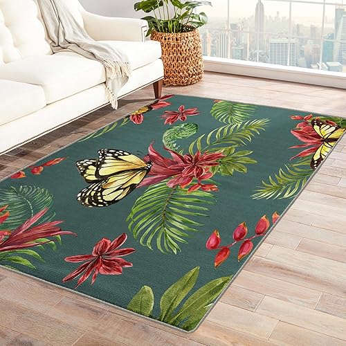 Alfombra de 2 x 3 pies, alfombras de mariposa para entrada, sala de estar, dormitorio, alfombra de área pequeña con flores tropicales y decoración