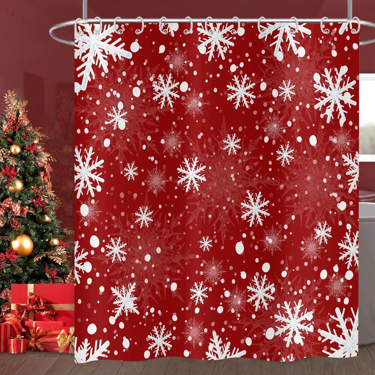 CRTPOD Christmas Snowflake Shower Curtains Red White Xmas Snow Winter Holiday Festival New Year Rustic Farmhouse Bathroom Curtains Waterproof Fabric Bathtub Curtains 72"x72"