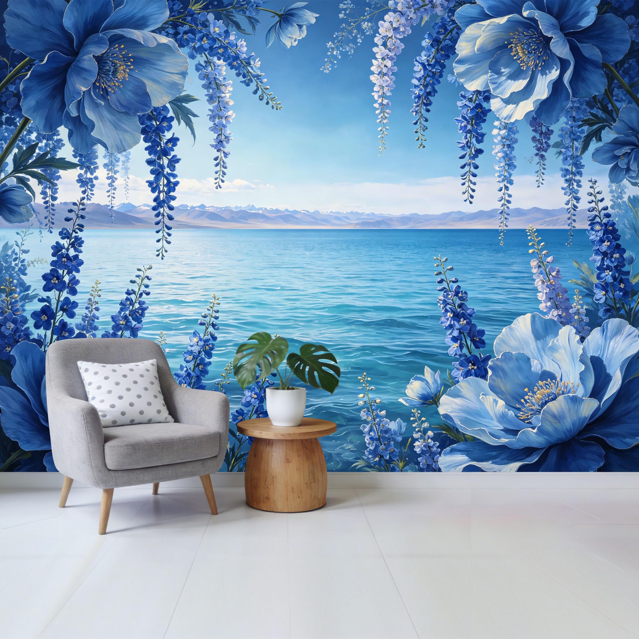 Qzlithotic Yq2605251167 Custom Size Wall Mural Blue Floral Lake Mountain Landscape Watercolor Art Selfadhesive Wall Fabric Removable Wallpaper For Home Office Decor