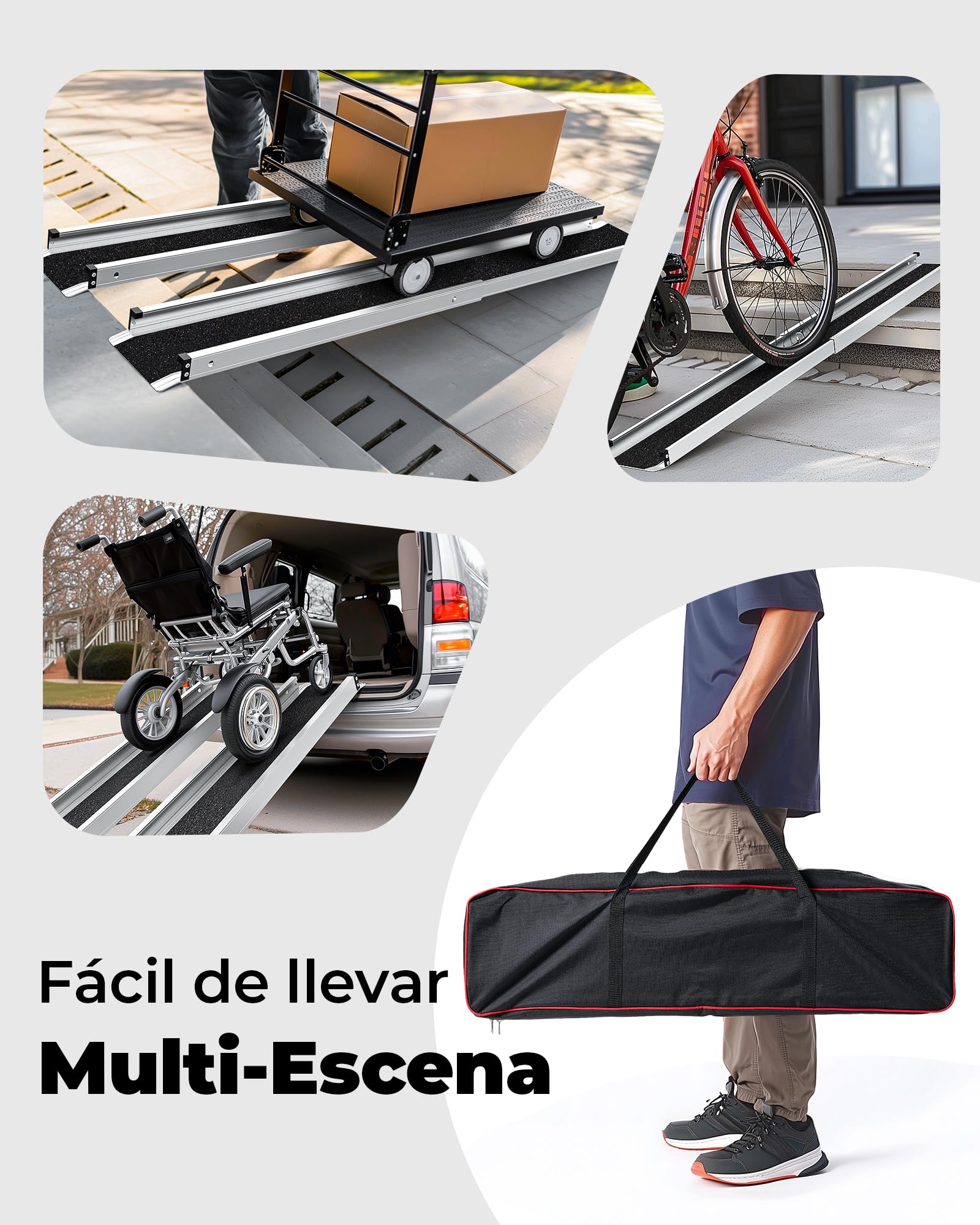 FACHNUO Rampas telescópicas para sillas de Ruedas Antideslizantes, 2 rampas de Aluminio para sillas de Ruedas de hasta 272 kg, rampa portátil con Bolsillos de Tela, rampas para escaleras