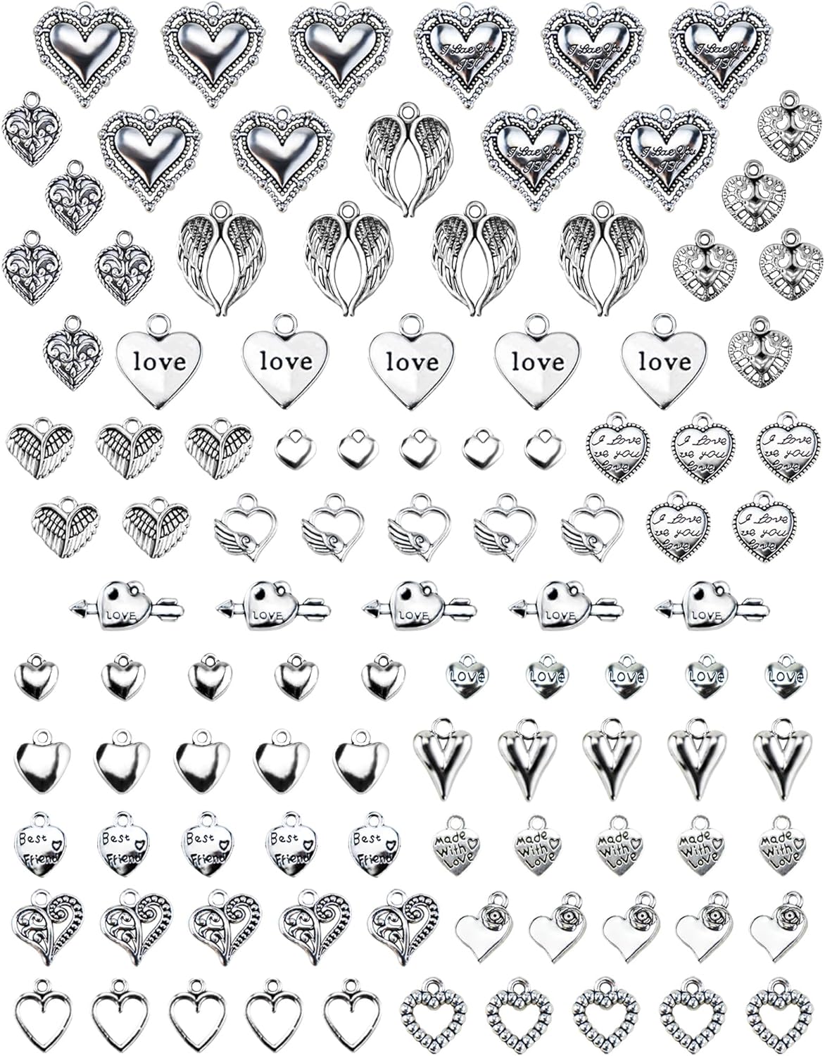 100 Pcs Antique Silver Heart Charms, 20 Styles Alloy Sweet Love Heart Beads Loose Spacers for Jewelry Making Bracelets Earrings DIY Crafts Valentines Day Gifts