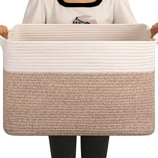 OIAHOMY Large Cotton Rope Woven Blanket Basket - 20x16x12 Toy Storage Bin for Nursery, Living Room, Brown & White