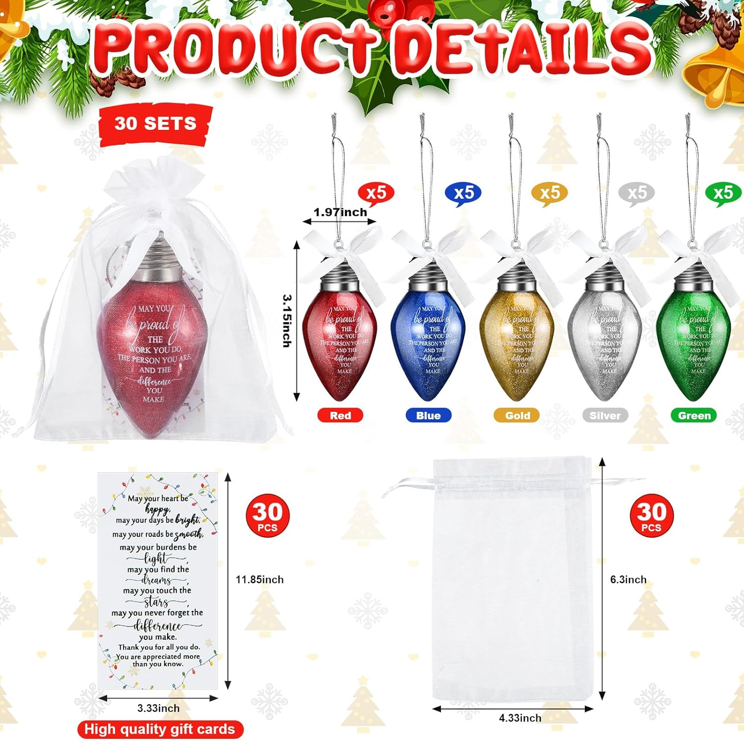 Riceshoot 30 Sets Christmas Appreciation Gifts for Coworker Lightbulb Shaped Ornament Colorful Hanging Plastic Bulbs Ornament with Bow Ribbon Card Organza Bag for Indoor Outdoor Xmas Tree Decoration