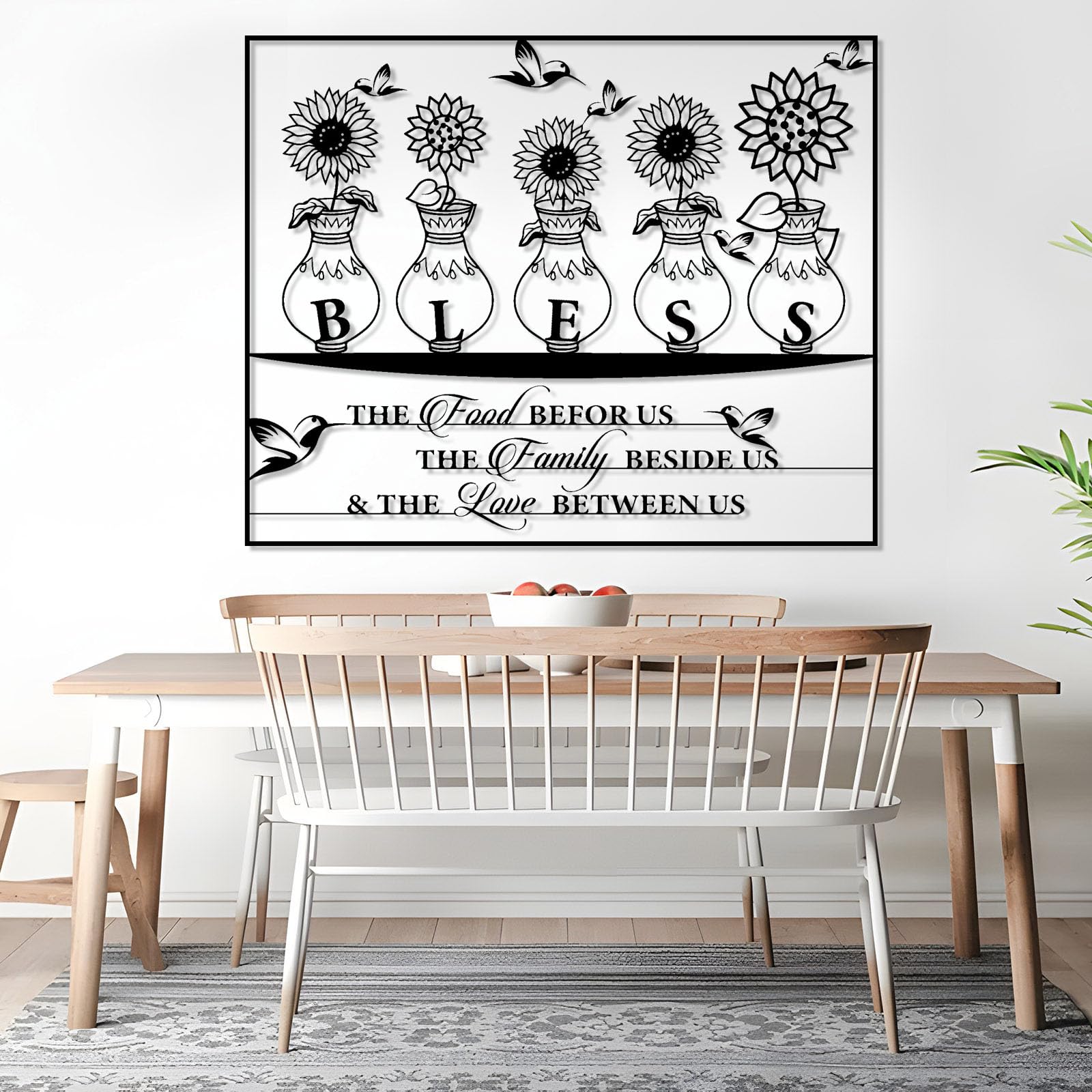 Generico Decoración de pared abstracta contemporánea de Metal, Bendice a la Familia, Amor, inspiración, palabras inspiradoras, decoración de girasol, hogar y cocina (Negro, 73 x 90 cm)