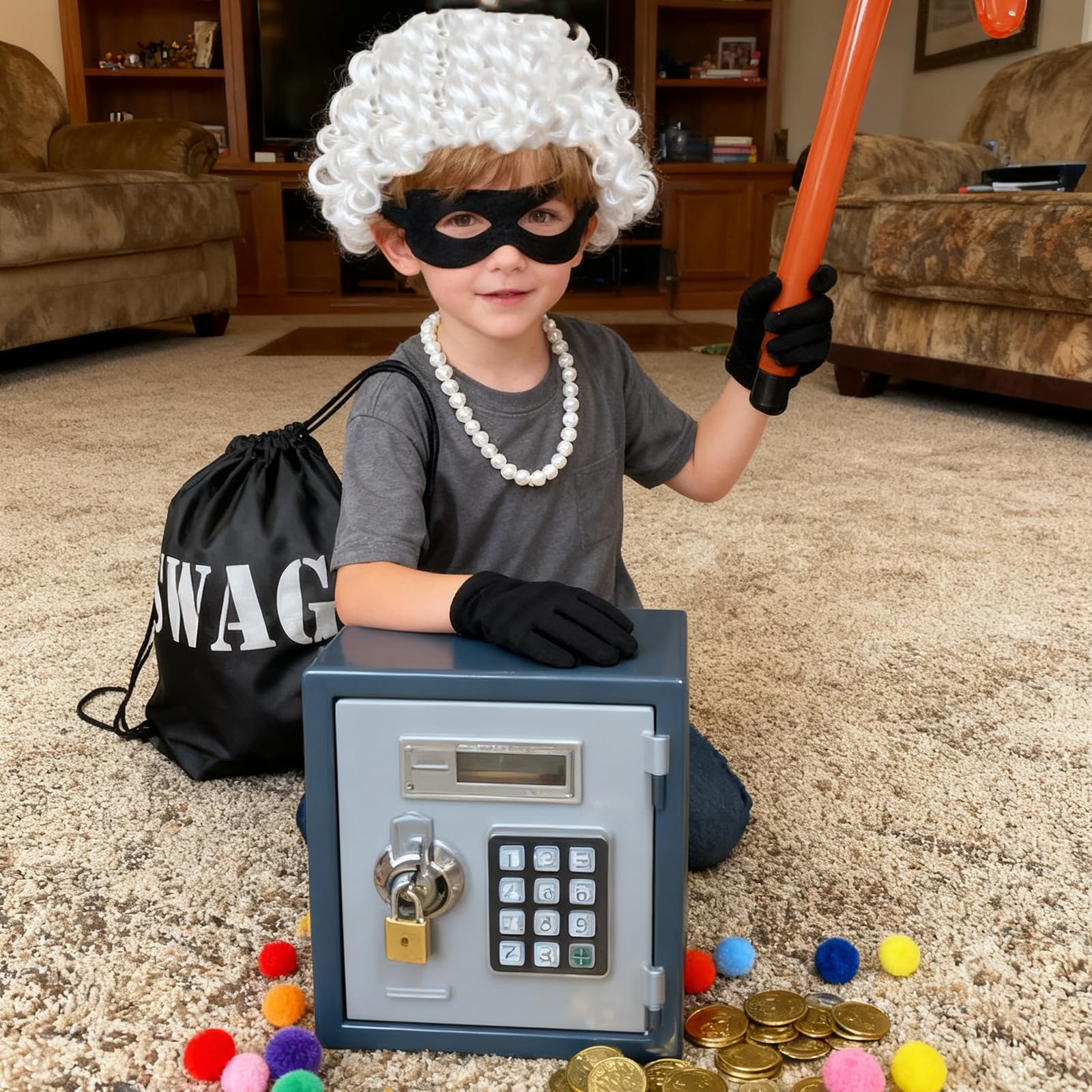 XDGBGFN Thief Granny Costume Set including Old Lady Wig Black Eyemask and Gloves Swag Bag pearl necklace Bracelet for adult World Kids Book Day Dress Up - Image 4