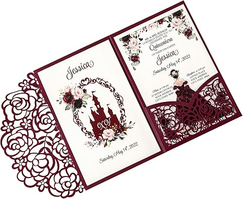Miniatura 1 de DreamBuilt Kit de invitaciones de quinceañera de 4.7 x 7 pulgadas, 50 unidades, color burdeos, corte láser, con bolsillo de rosa hueca, tarjetas de