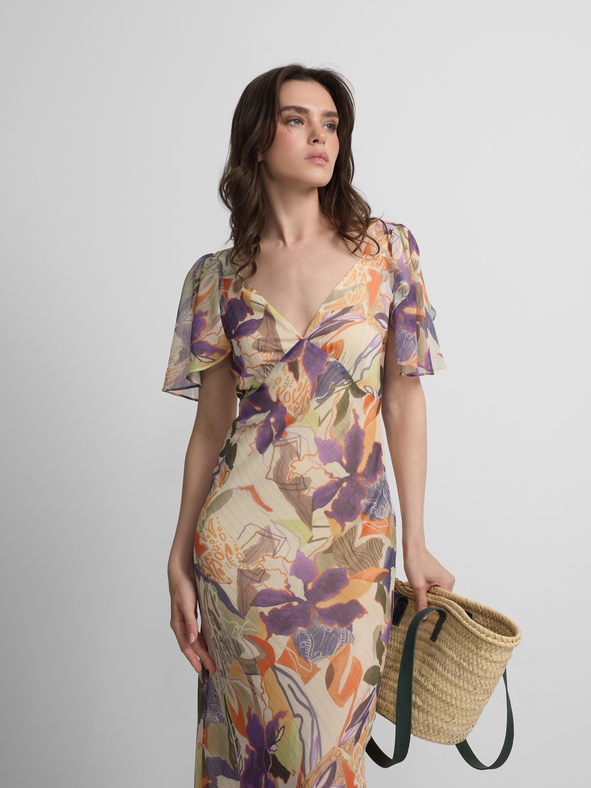 SILBON Vestido Largo Estampado Flores Manga Corta para Mujer