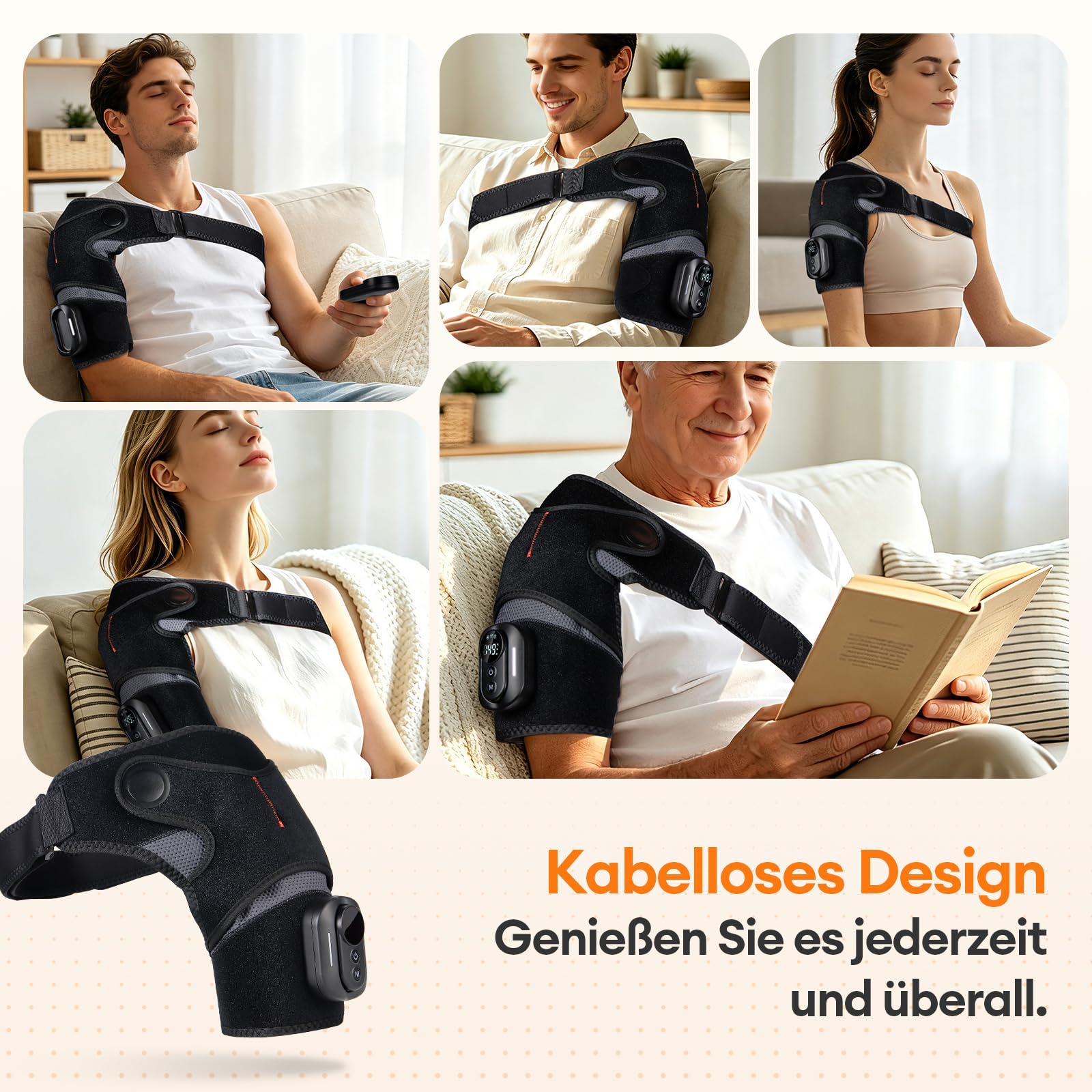 Kabelloses Schulter-Heizkissen mit abnehmbarer magnetischer Fernbedienung, kabelloses Schulter-Heizkissen mit Wärmefunktion, 5000 mAh Akku, 5 Heizstufen, 5 Vibrationsmodi, 3 Timer