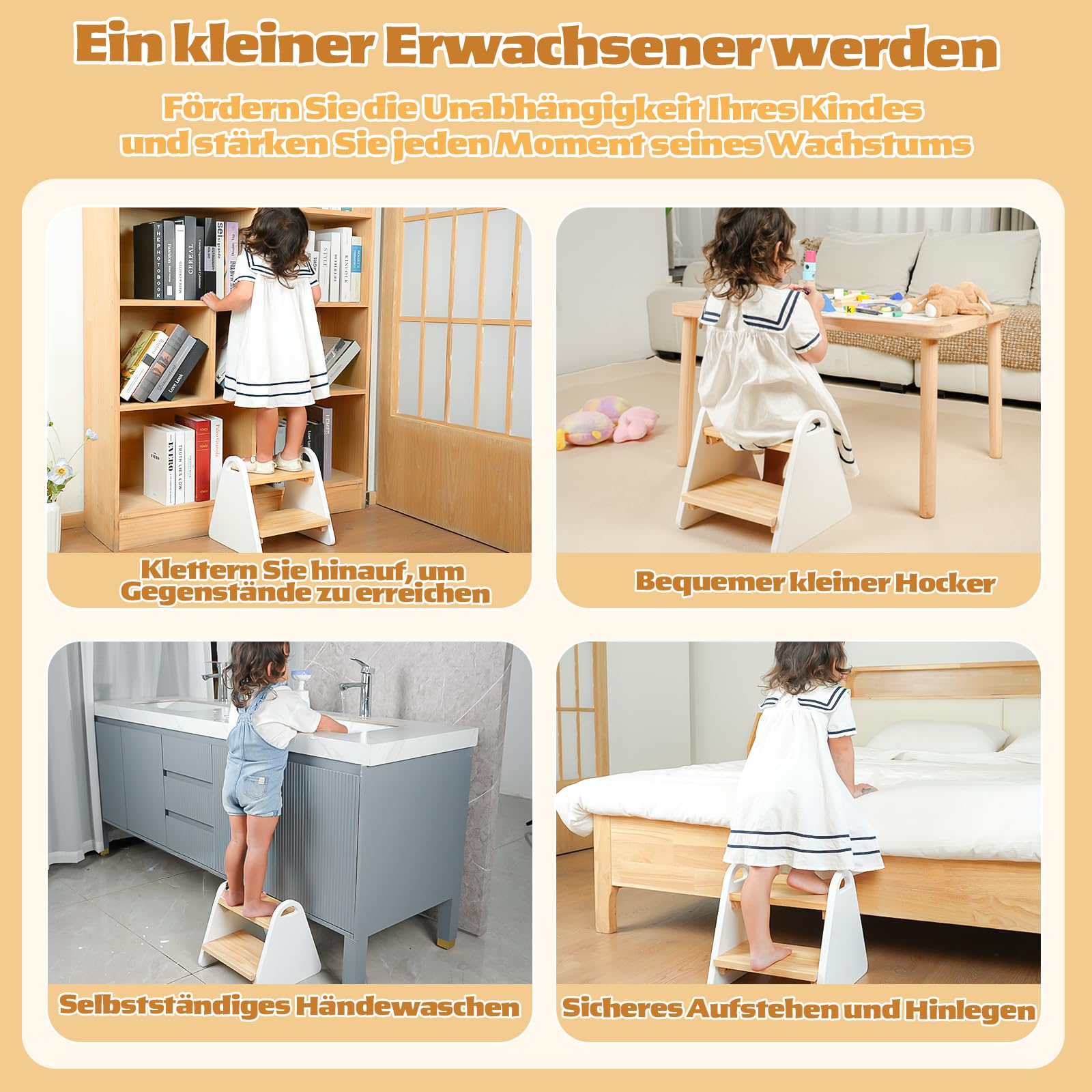 2-stufiger Tritthocker für Kinder aus Naturmaterial, Hocker & Trittstuhl Trittpult, Kindertreppe für Badezimmer Küche Schlafzimmer, Abgerundete Kanten rutschfest Kindgerecht(Weiß) - 4