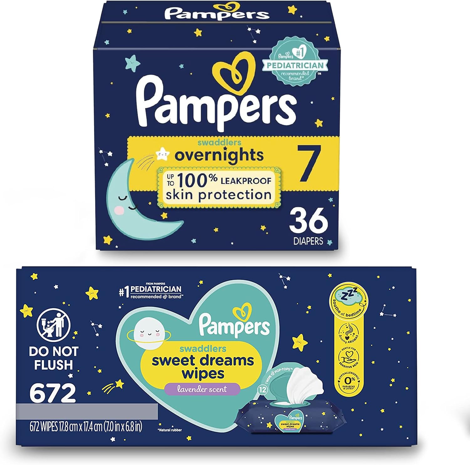 Overnight Diapers Size 7, 36 Count and Baby Wipes Pampers Swaddlers Overnights