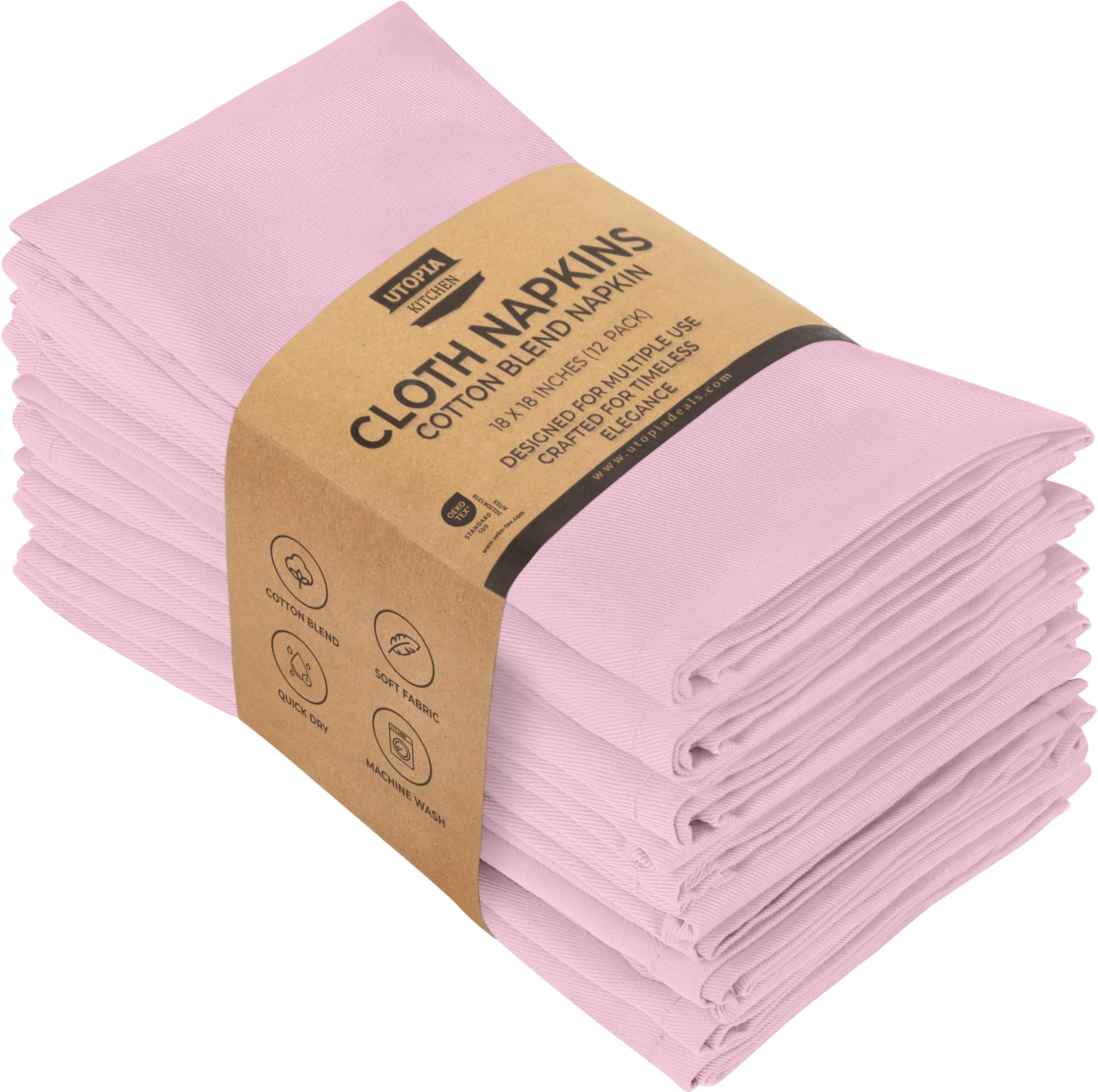 Utopia Kitchen Pink Cloth Napkins [12 Pack, 18x18 Inch] Absorbent Cotton Blend Washable and Reusable for Dinner, Restaurant, Lunch, Wedding and Hotel