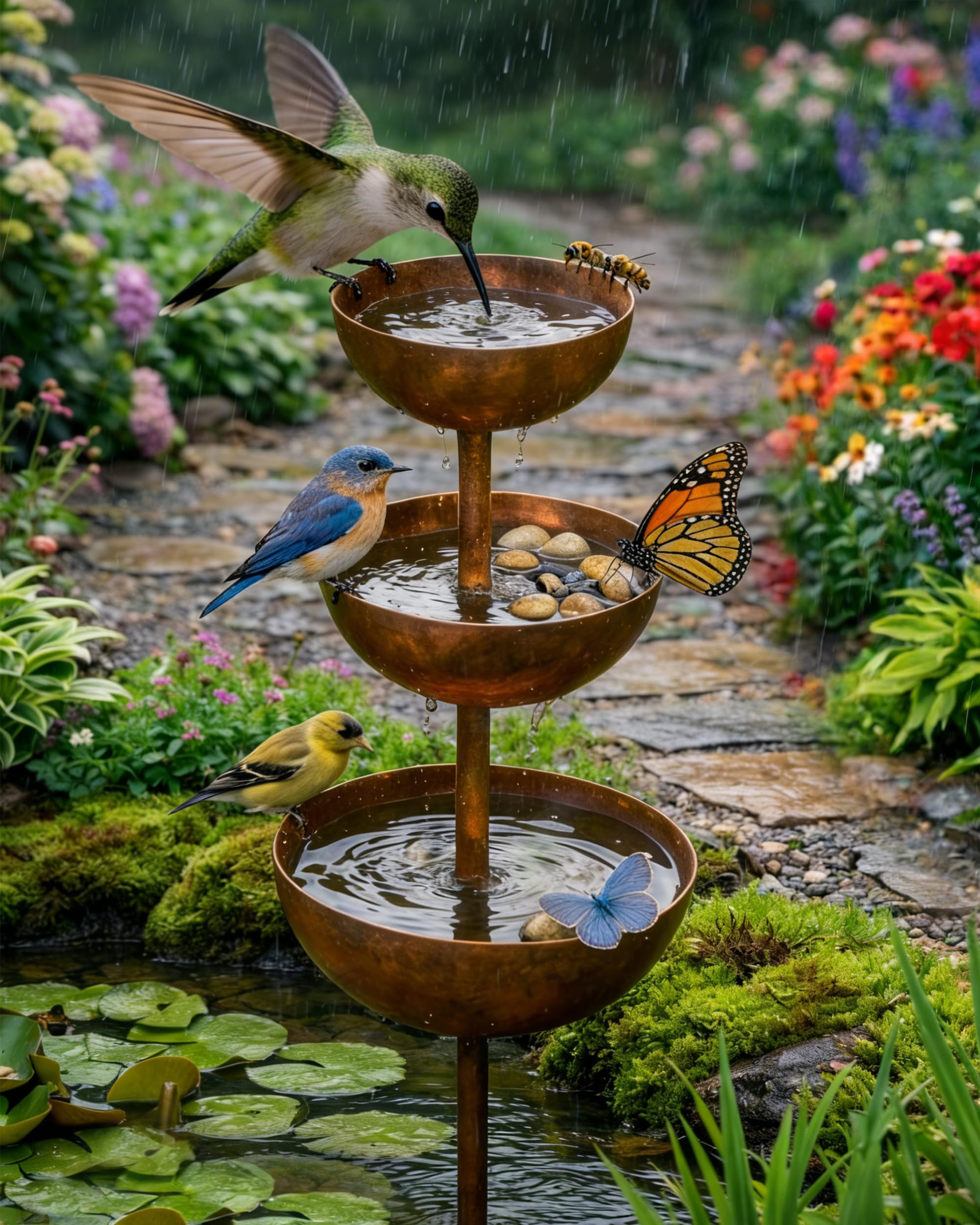 Rain Catcher - Plant Support Metal Garden Ornament, Rain Catcher Garden Stake with 3-Tiered Water Bowls, Bee Watering Station, Bird Bath & Butterfly Feeder, Outdoor Yard Art Decor