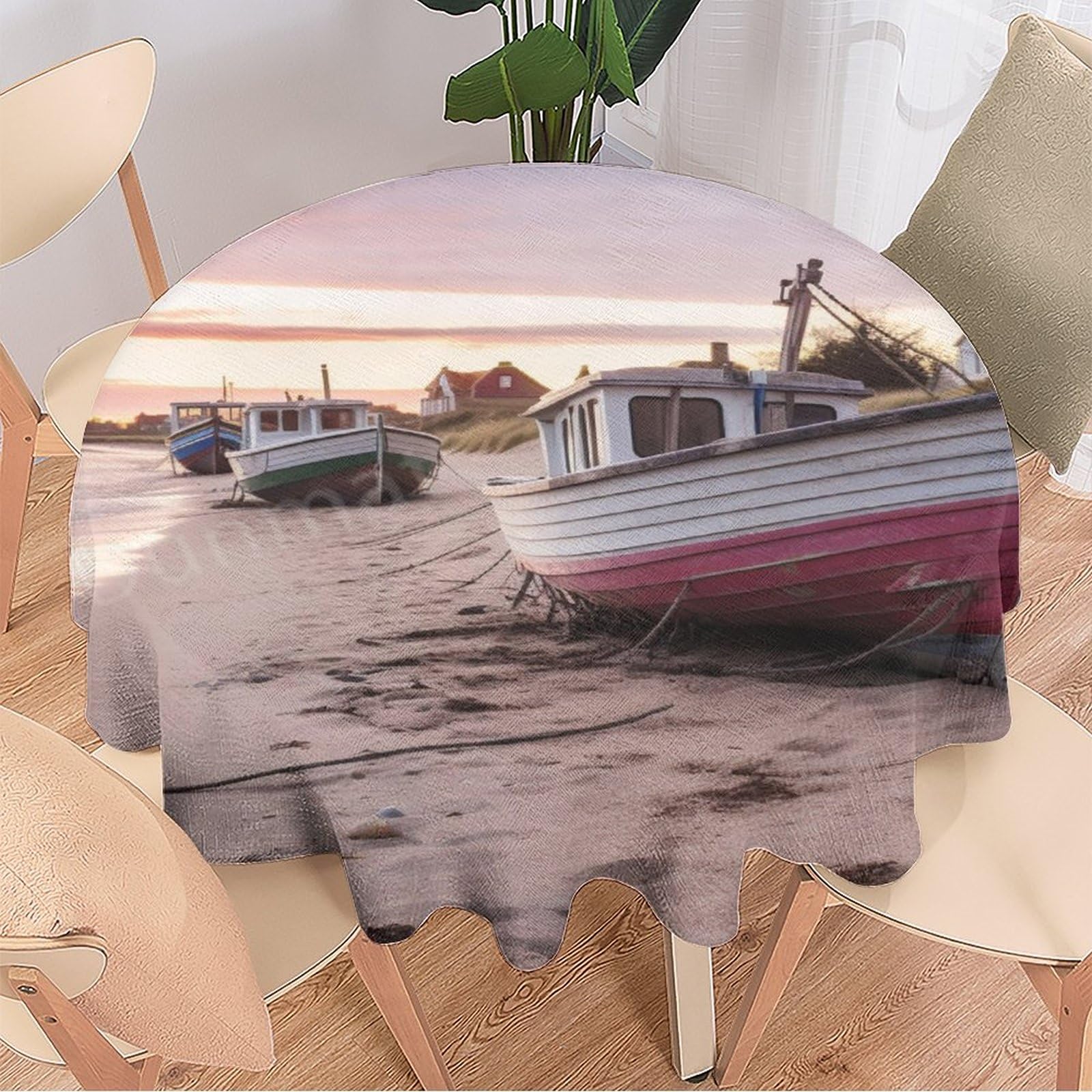 DEBAOKA Coastal Beach Boat Round Tablecloth, Simple Fantasy Ocean Scenery Reusable Circle Table Cloths Heat Stain Resistant Table Cover for Dining Kitchen Indoor Outdoor Party Decoration 50"