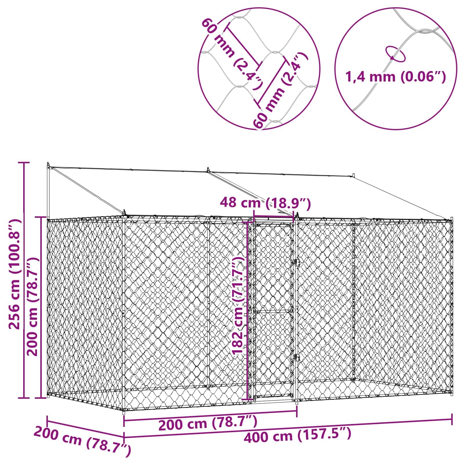 Klatka dla psa z dachem, srebrna, 400 x 200 x 256 cm, wykonana ze stali i PE, odporna na warunki atmosferyczne wybieg dla psów z kratką drucianą, zamykanymi drzwiami, przestronna karma dla