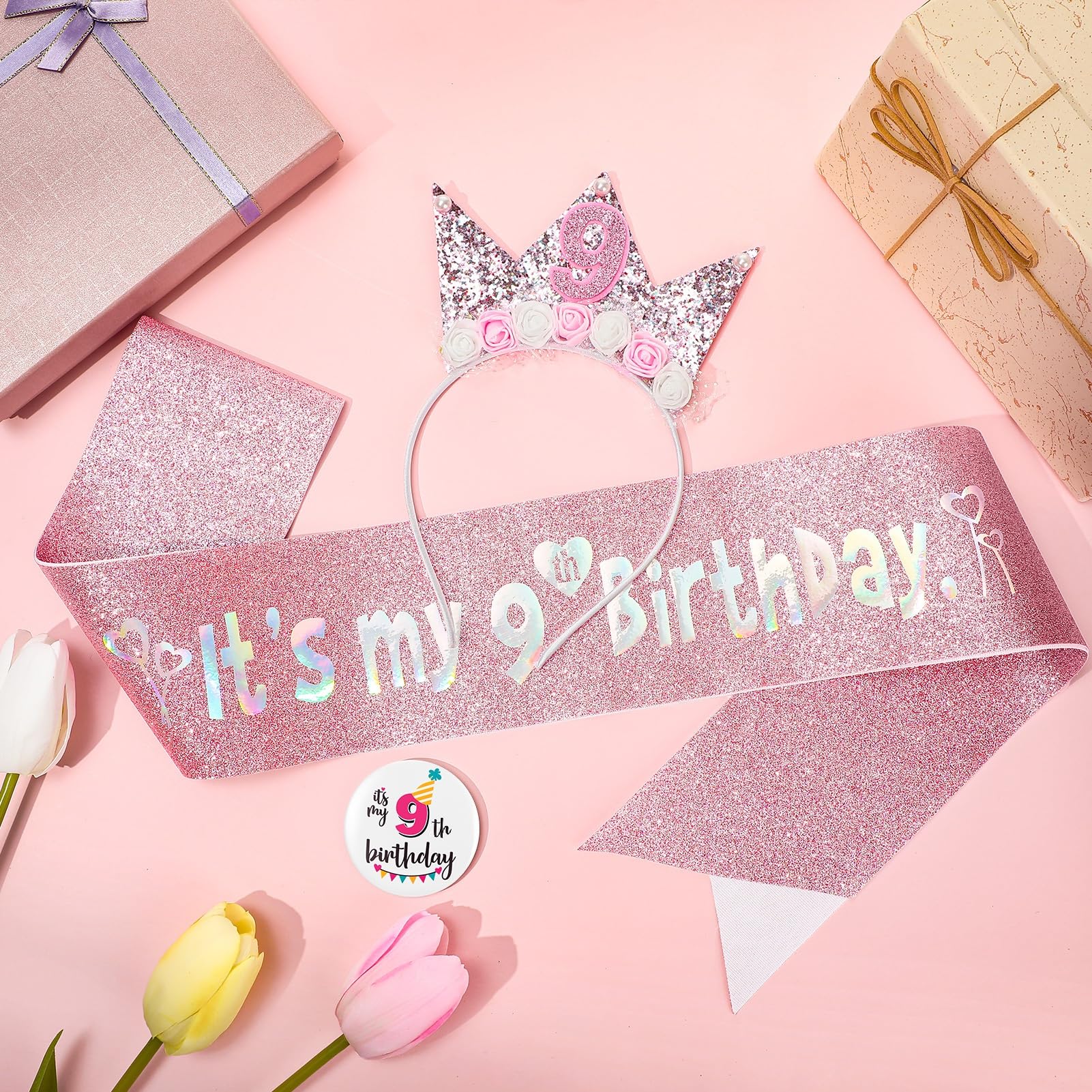 GSrenyu 9th Birthday Decorations for Girls,Headband Glitter Sash and Badge Set for 9 Year Old Girls Birthday Decorations,Flower Princess Crown Headband - Image 7