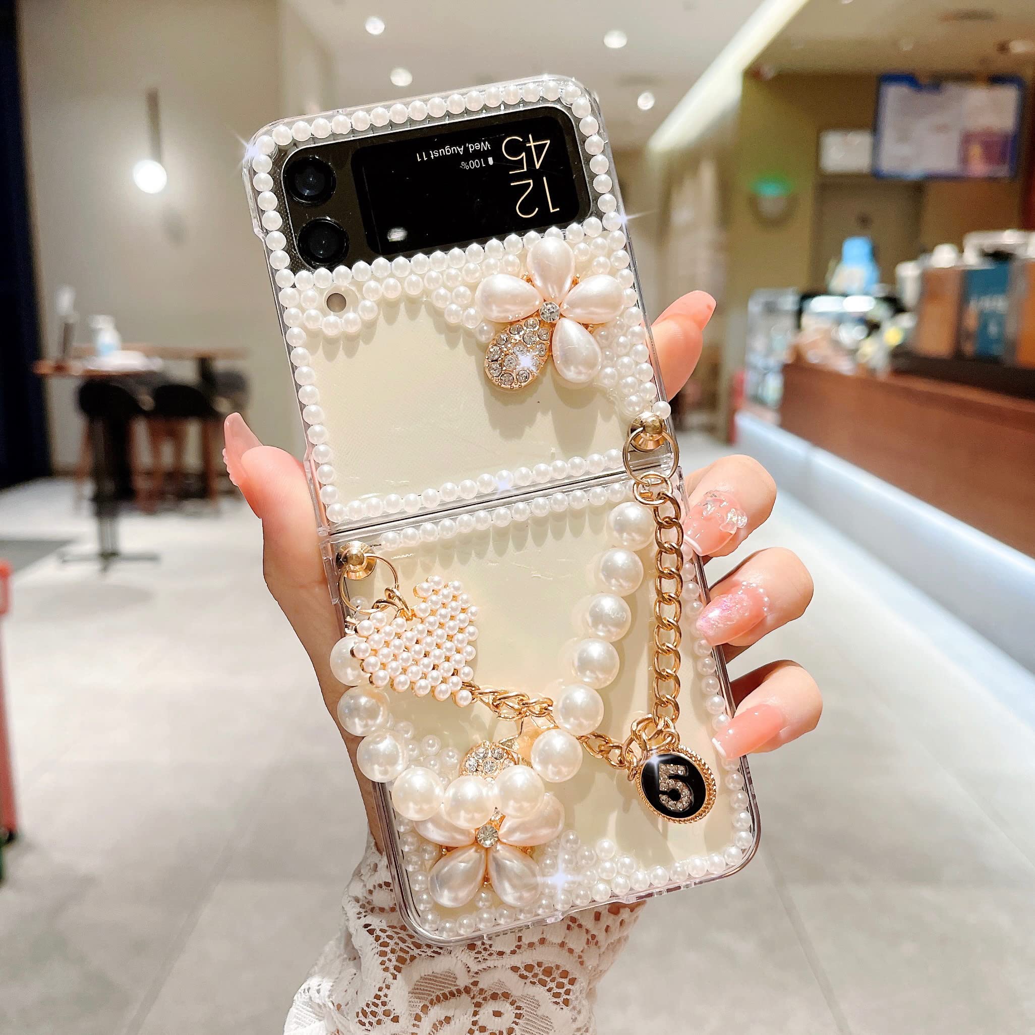 CrazyLemon Custodia per Samsung Galaxy Z Flip 4 5G, Perle Scintillanti Cristallo Lucido Fiore Brillare 3D Stones Custodia Protettiva Galaxy Z Flip 4 5G Custodia per donne e Ragazze