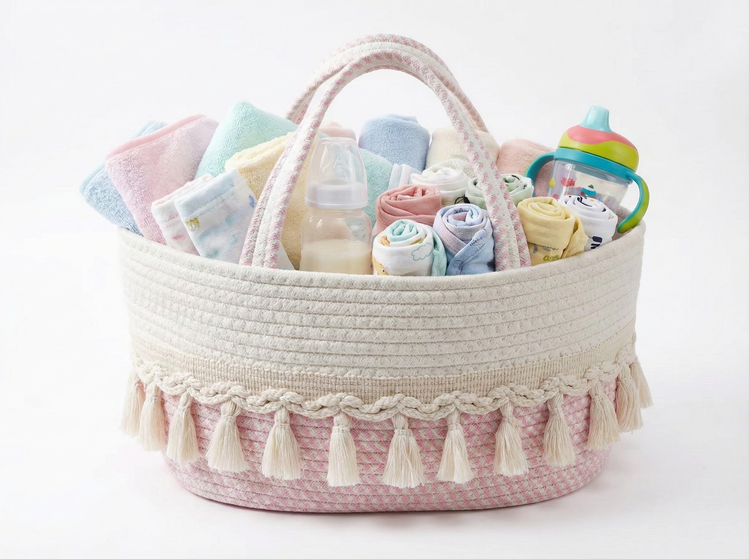 TUWEIPAIKE Diaper Caddy Organizer Stylish Nursery Storage Basket Baby Shower Basket with Tassel Decorative Appearance Portable Storage Basket
