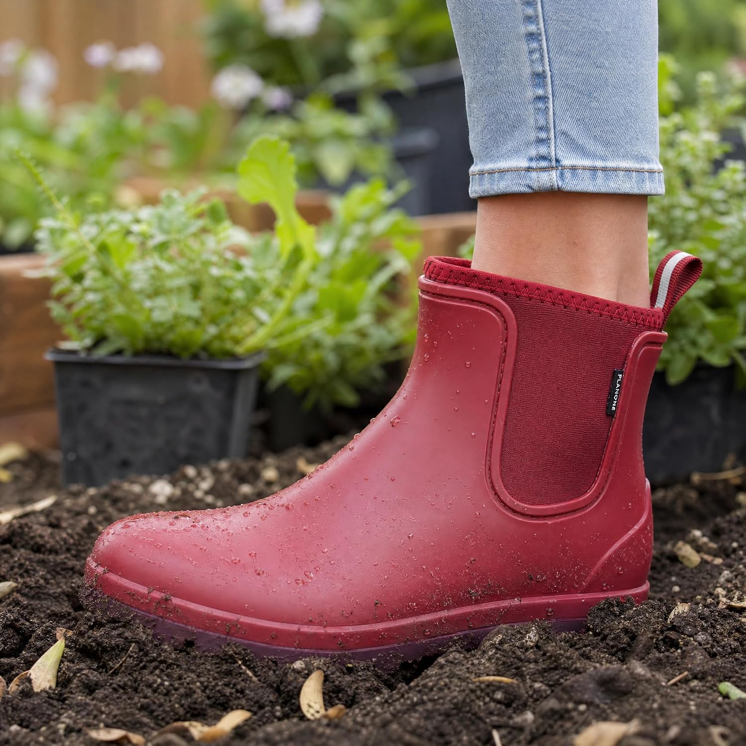 planone Short Rain Boots for Women Waterproof Soft Lined Neoprene Chelsea Boots Ankle Non-Slip Rubber Boots Lightweight Outdoor Garden Shoes Work Boots with Arch Support and Removable Comfort Insole