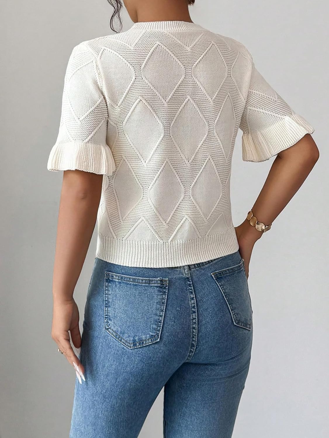 SOLY HUX Women's Floral Embroidery Cardigan V Neck Ruffle Short Sleeve Button Down Knitted Sweater Tops - Image 2