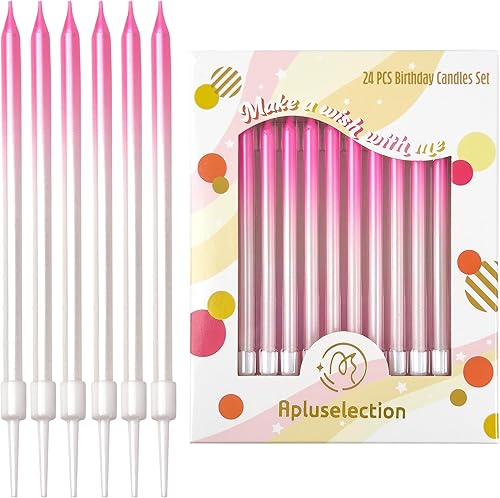 24 velas de cumpleaños de color rosa degradado, velas largas y finas para decoración de bodas, celebraciones, fiestas de cumpleaños, pasteles y