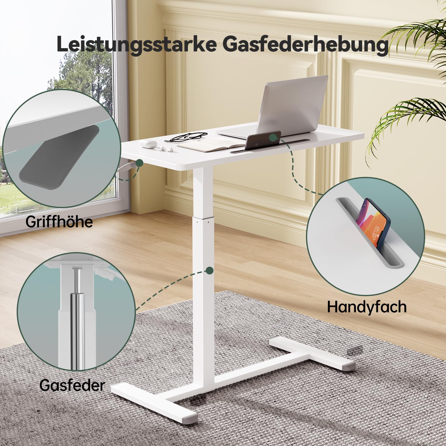 Gibbon Mounts Mobiler Höhenverstellbarer Schreibtisch, Laptoptisch mit 4 Rollen (80 x 40 cm), Stehpult Computertisch Klein, Beistelltisch C Form Couchtisch für Heimbüro, Weiß