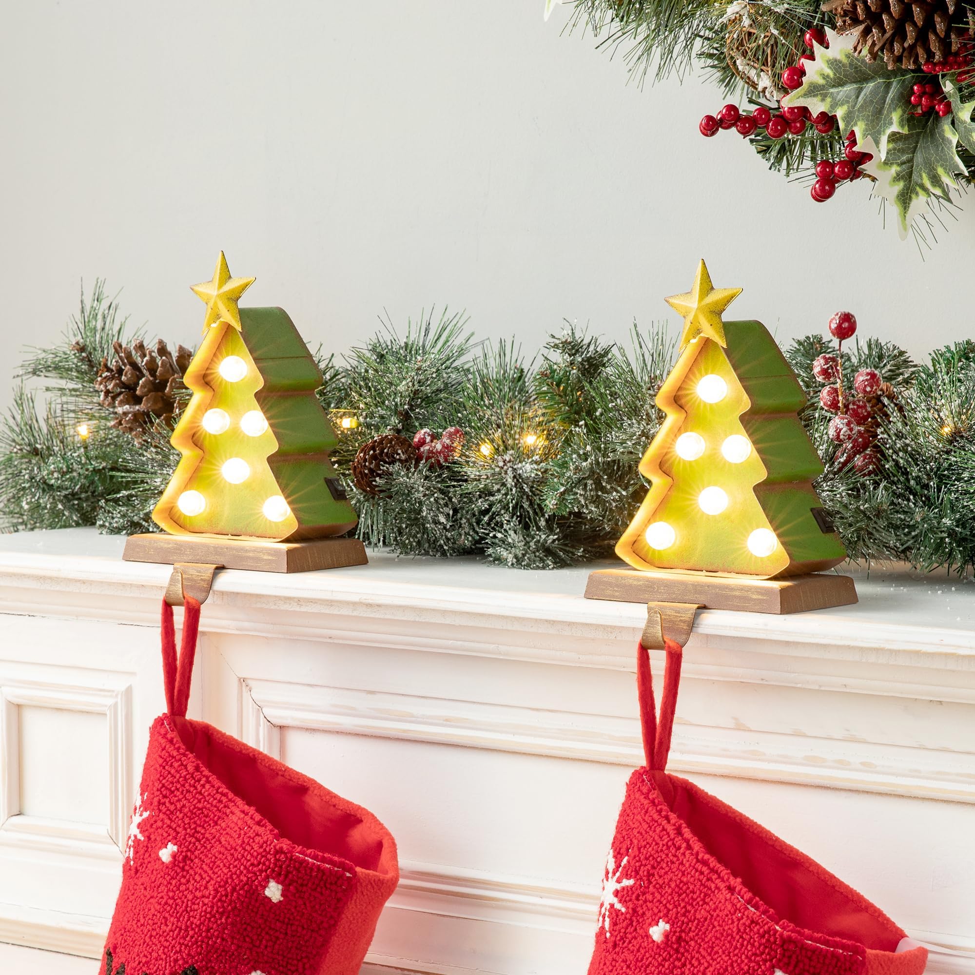 glitzhome 2 Pack 7.5”H Metal Christmas Tree Stocking Holder,Marquee LED Lighted Xmas Tree Stocking Hanger Decorative Fireplace Mantle Stocking Holder Seasonal Decor,Battery Operated