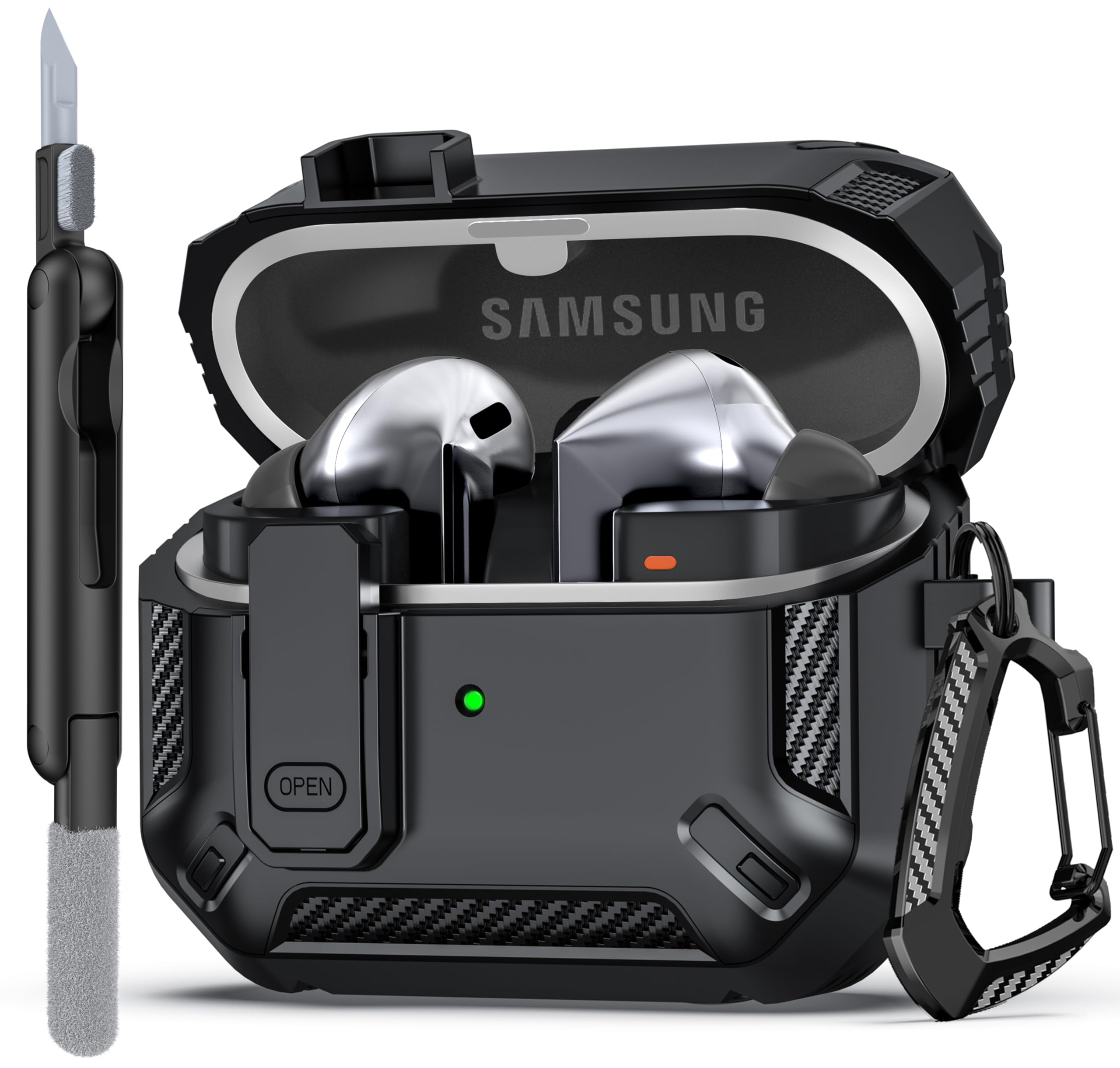 per Samsung Galaxy Buds3/Galaxy Buds3 Pro (2024) con chiusura di bloccaggio, custodia per cuffie anticaduta di livello militare con fibbia da trekking e kit di pulizia-Nero