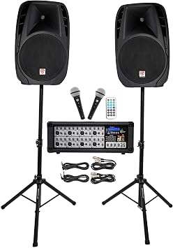 Rockville RPG2X15 Bundle 2 15 in Passive PA Speakers, 8-Channel Powered Mixer with Bluetooth, USB/SD, 2 Tripod Stands, 2 Wired Microphones, 2 10 ft Speaker Cables, Karaoke Ready, 9-Items