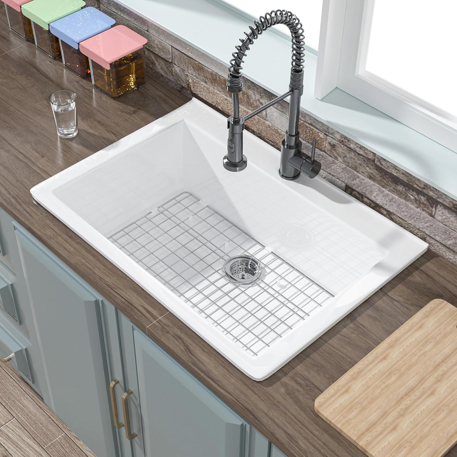 30x22 Drop In Kitchen Sink White 1 Hole, 30 Inch Topmount Fireclay Sink Drop In Single Bowl, Heavy Duty Large Capacity Deep Basin, w 2 Accessories, Pure White, for Kitchen, Laundry Country 30"x22"x10" White 1 Hole