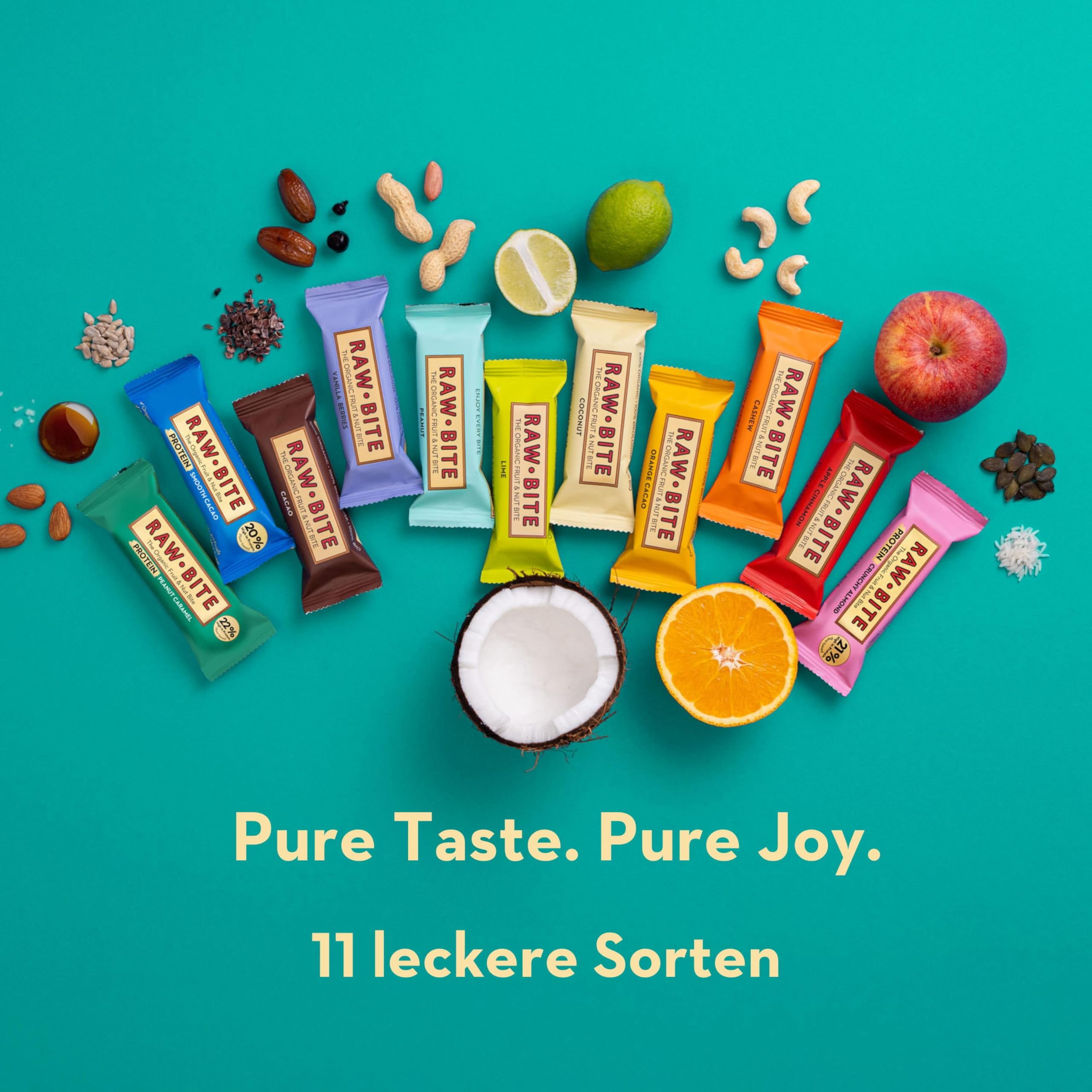 RAWBITE Riegel PROBIERBOX I 11 Bio Nuss-Riegel in Vorteilsbox I verschiedene Sorten I Datteln und Nüssen I Vegan, glutenfrei, laktosefrei I enthält von Natur aus Zucker I 11 x 45-50g